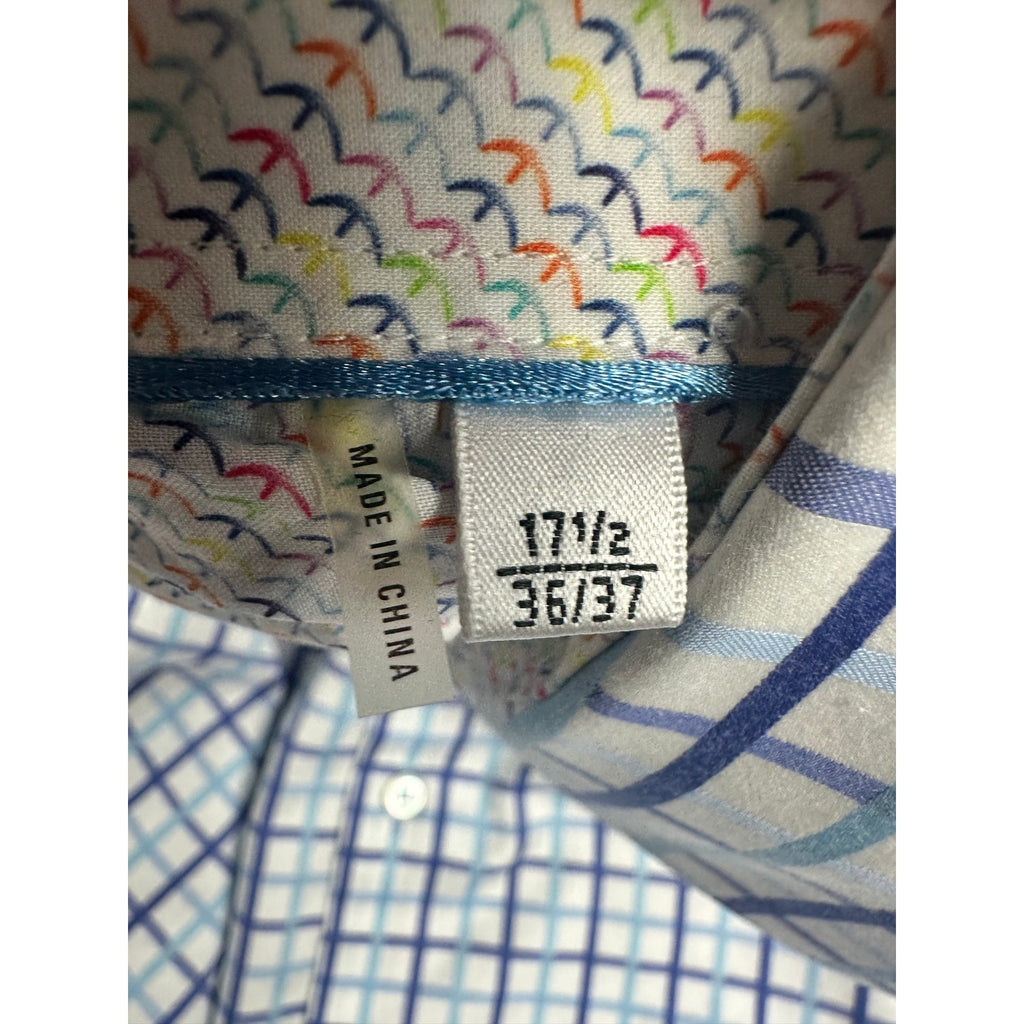 Bugatchi Uomo Long Sleeve Check Dress Shirt in Blue White Plaid — Size 17.5 36/37