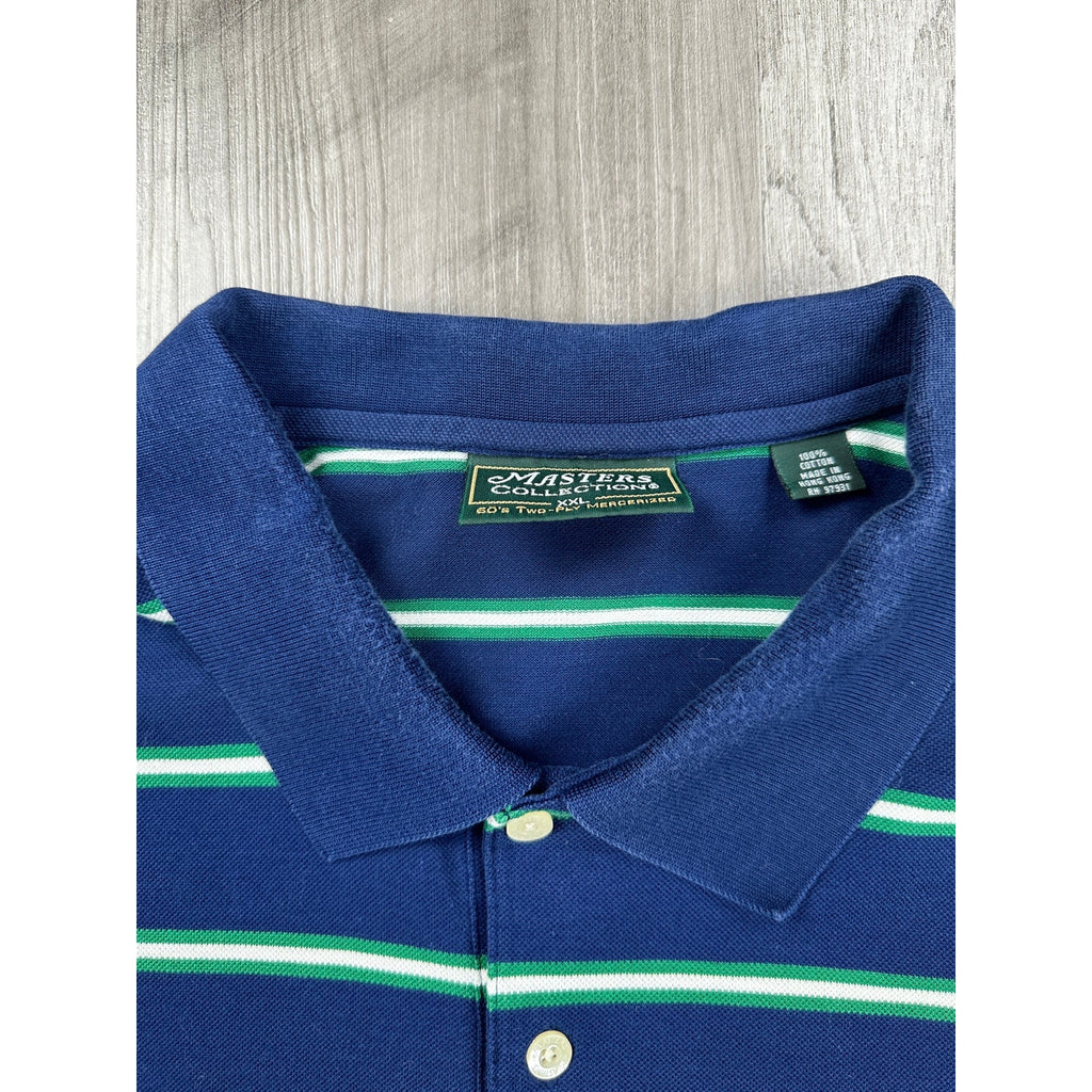 Masters Collection 60s Two Ply Mercerized Striped Mesh Knit Polo in Navy Green White — Size 2XL // Preowned