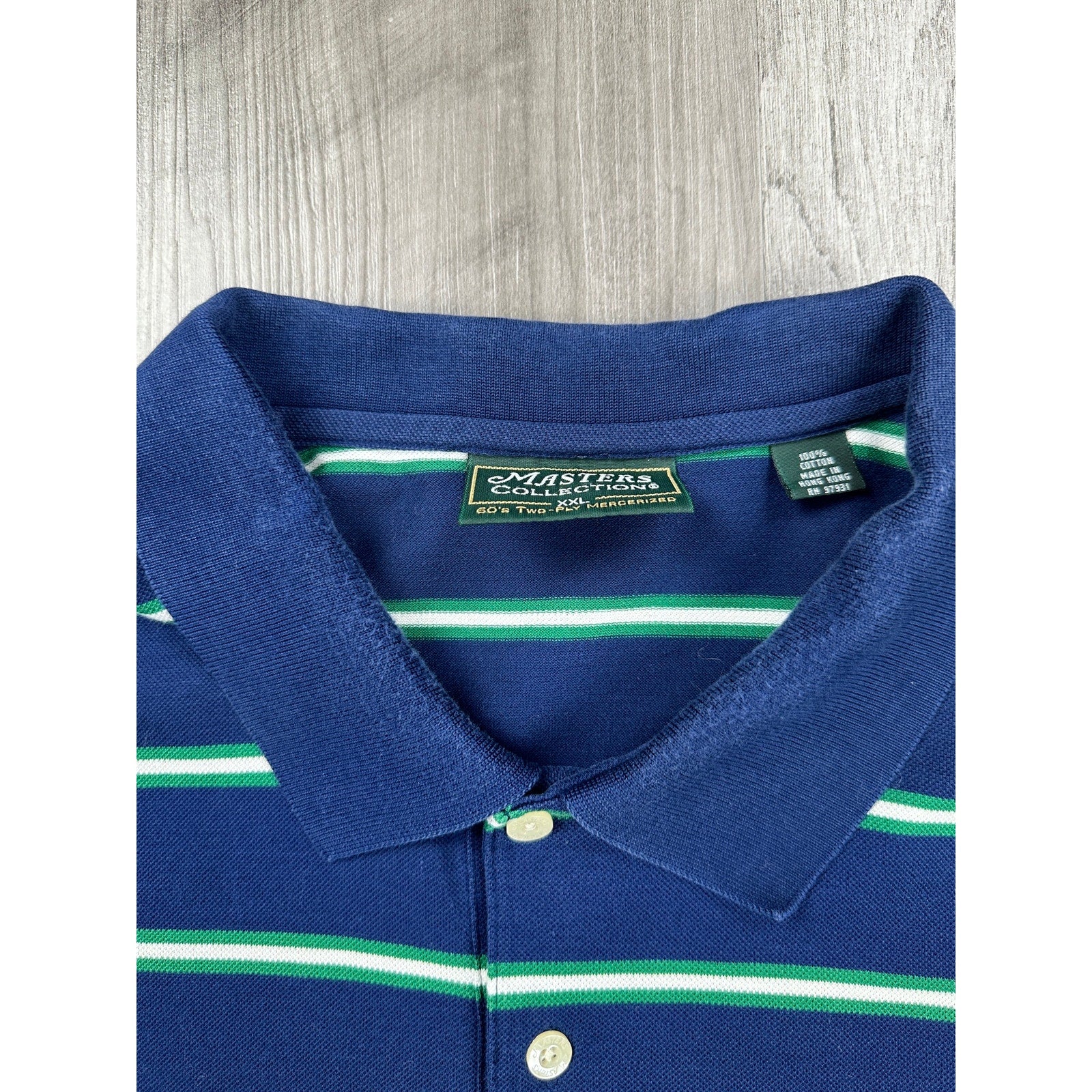 Masters Collection 60s Two Ply Mercerized Striped Mesh Knit Polo in Navy Green White — Size 2XL // Preowned