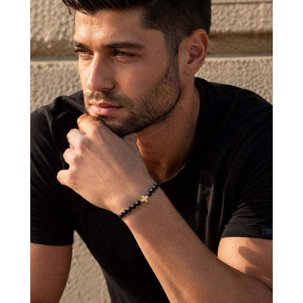 Andrew Christian Gold Cross Black Stretch Bead Bracelet in Black and Gold — One Size