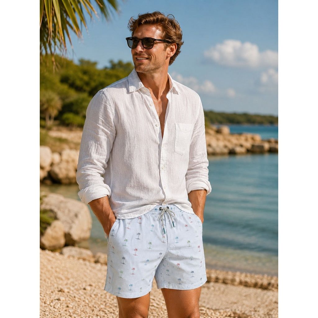 Tommy Bahama Seersucker Palms Swim Trunks in Blue, White — Size 2XL // Preowned