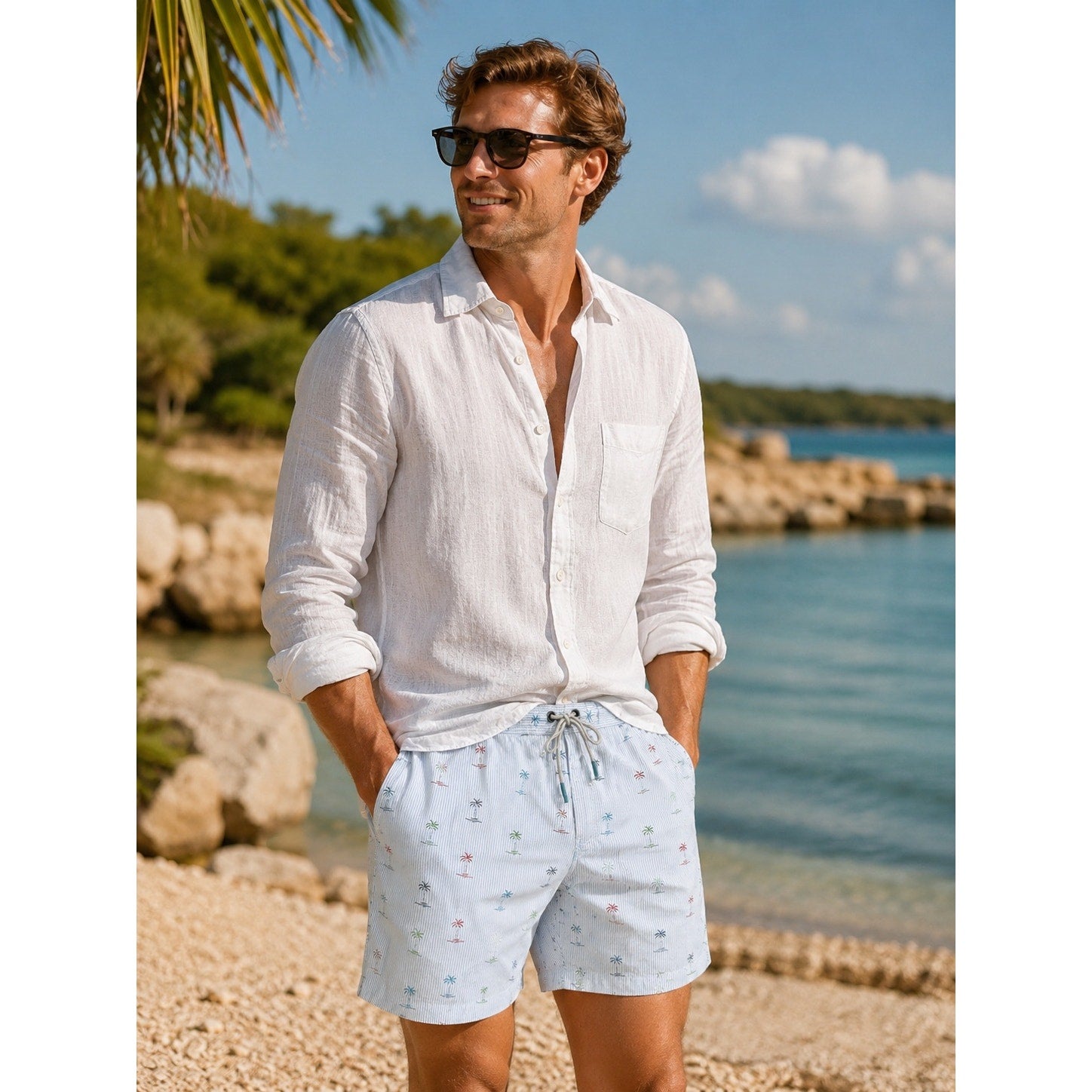 Tommy Bahama Seersucker Palms Swim Trunks in Blue, White — Size 2XL // Preowned