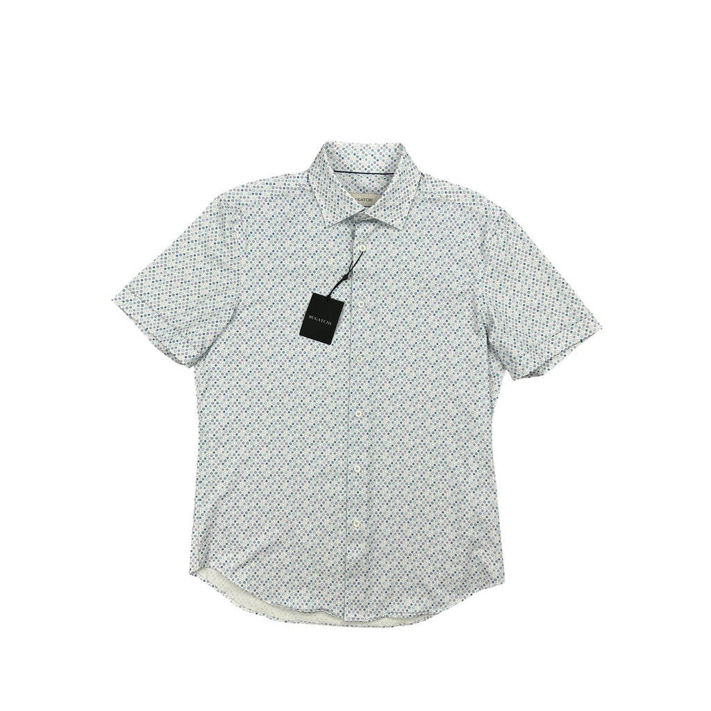 Bugatchi Miles Dot OoohCotton 8 Way Stretch Short Sleeve Shirt in Stone, Purple, Blue — Size Small