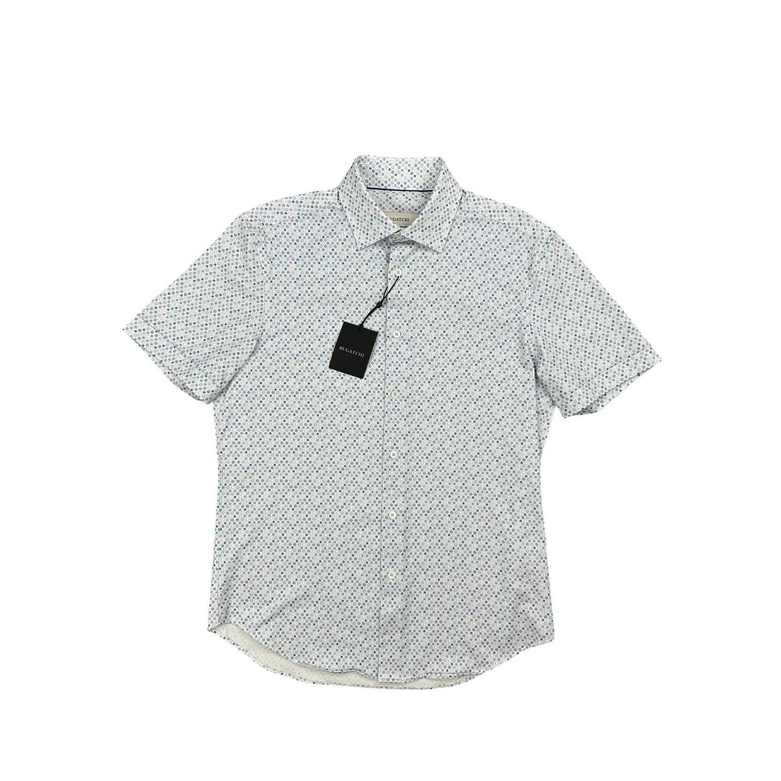 Bugatchi Miles Dot OoohCotton 8 Way Stretch Short Sleeve Shirt in Stone, Purple, Blue — Size Small