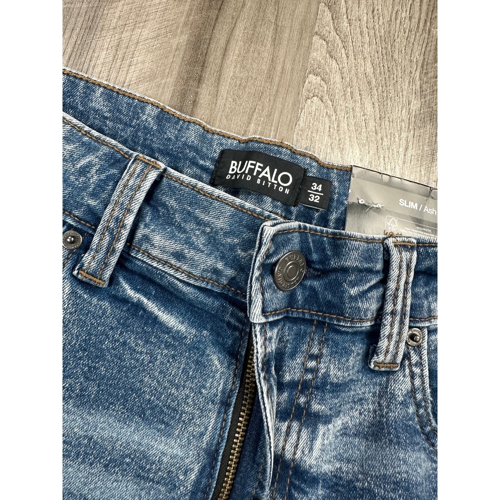 Buffalo David Bitton Slim Ash Stretch Jeans in Marbled and Sanded — Size 34x32