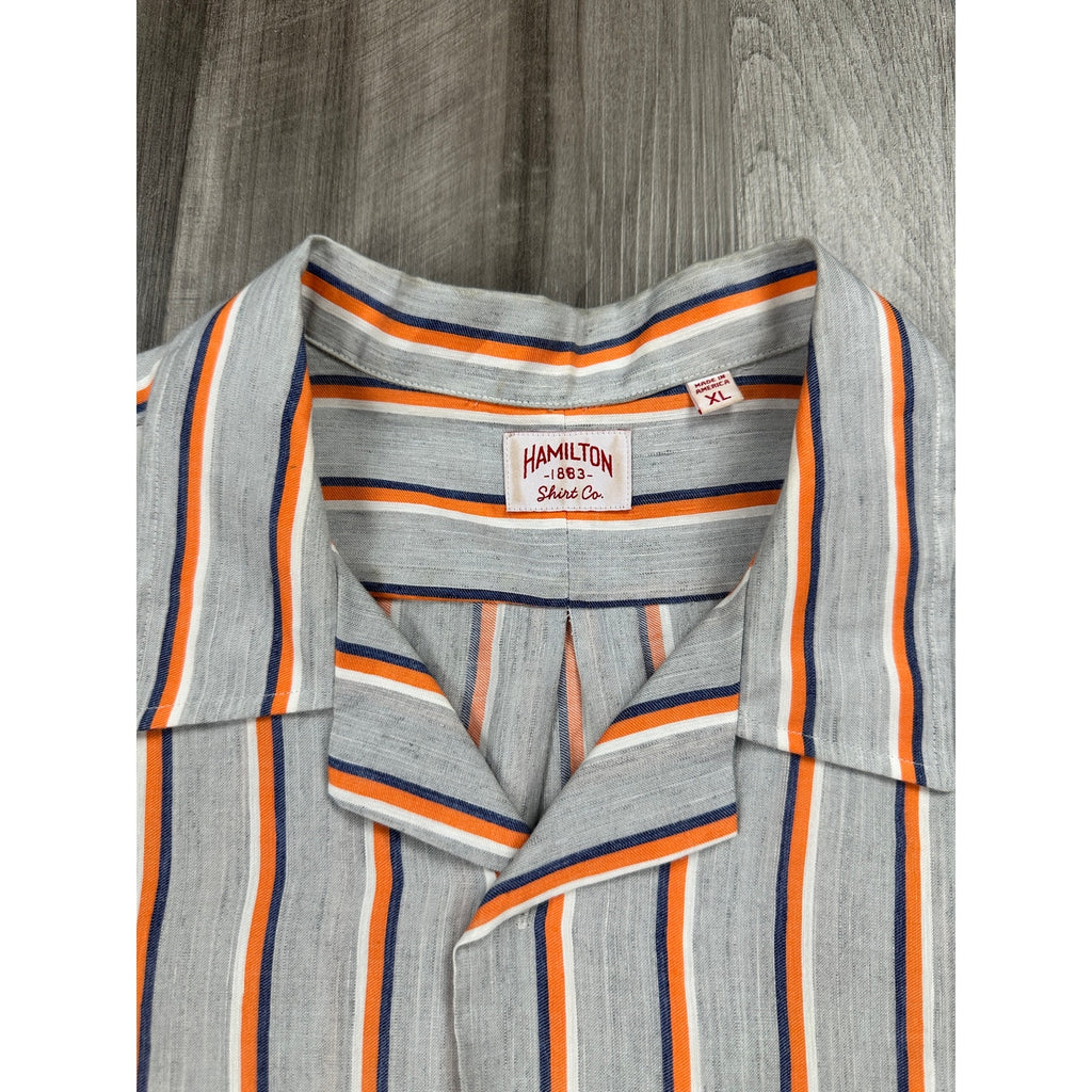 Hamilton Made in America Linen Blend Striped Camp Shirt in Gray with White Orange and Navy — Size XL // Preowned