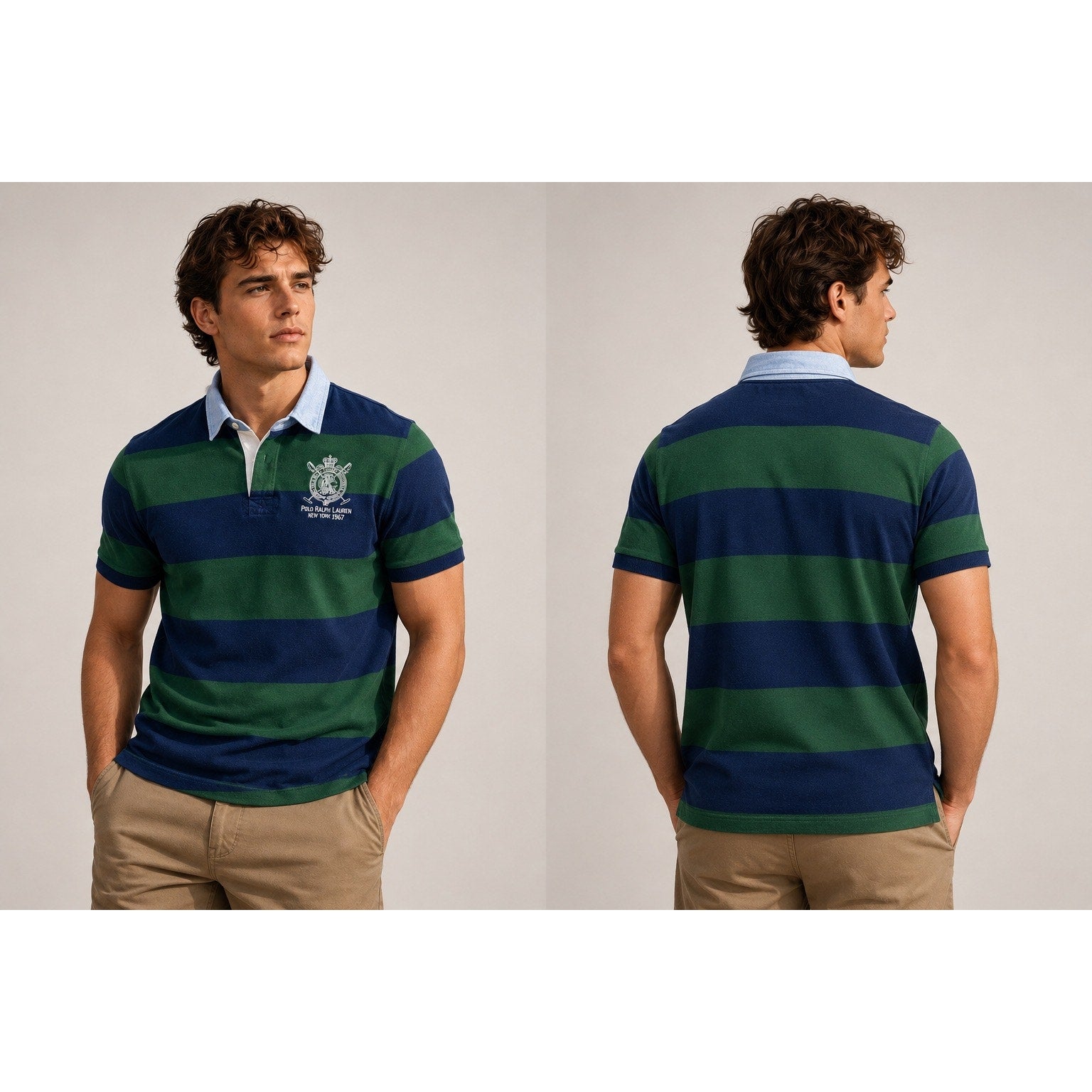 Polo Ralph Lauren Vintage Rugby Stripe New York 1967 Mesh Polo in Navy Green — Size XL // Preowned