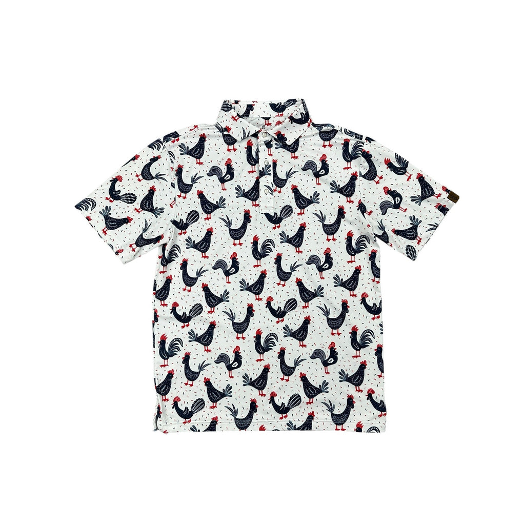 Iron Oak Cock-a-doo Western Performance Golf Pearl Snap Polo in White, Red and Navy — Size Medium // Preowned
