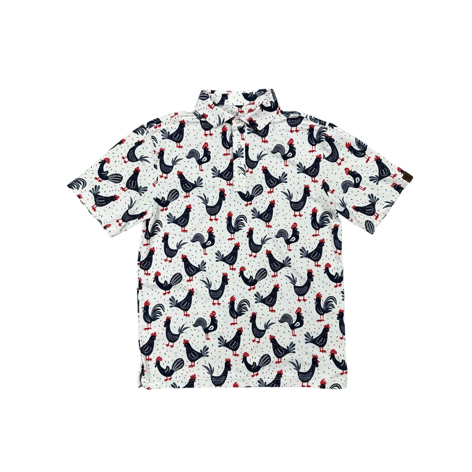 Iron Oak Cock-a-doo Western Performance Golf Pearl Snap Polo in White, Red and Navy — Size Medium // Preowned