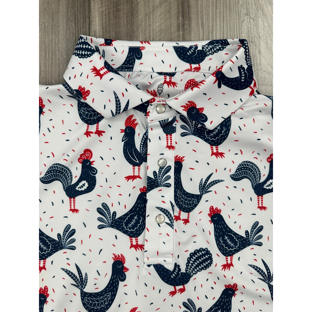Iron Oak Cock-a-doo Western Performance Golf Pearl Snap Polo in White, Red and Navy — Size Medium // Preowned