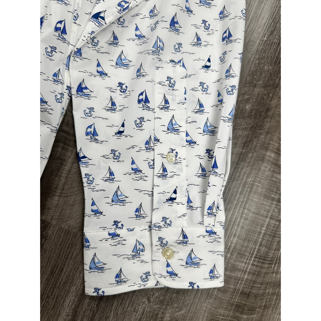 Polo Ralph Lauren Classic Fit Sailboat Anchor AOP Long Sleeve Shirt in White Blue — Size 2XL