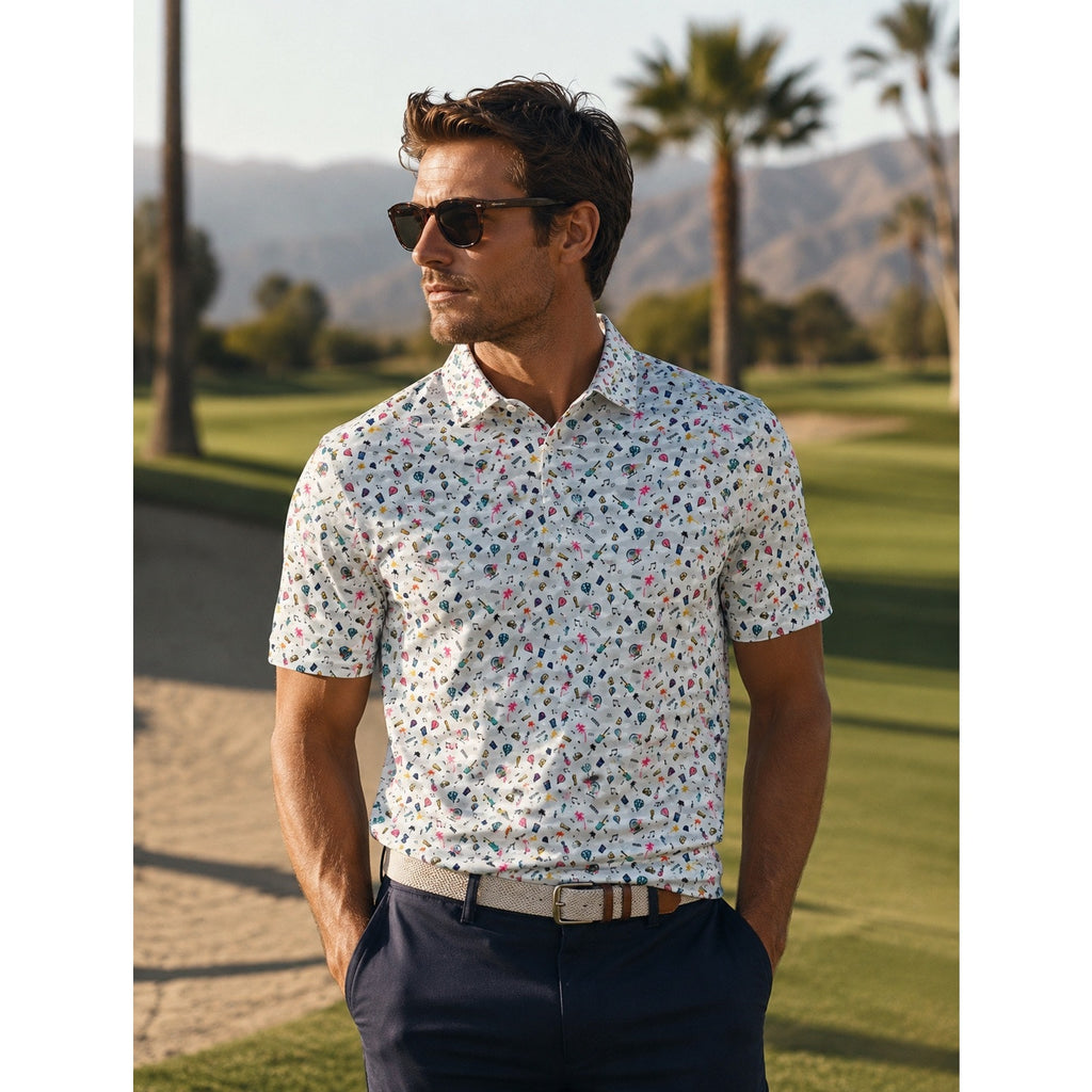 1764 Festival Print Golf Polo in Silver Gray Ivory Multi-Print — Size Medium // Preowned