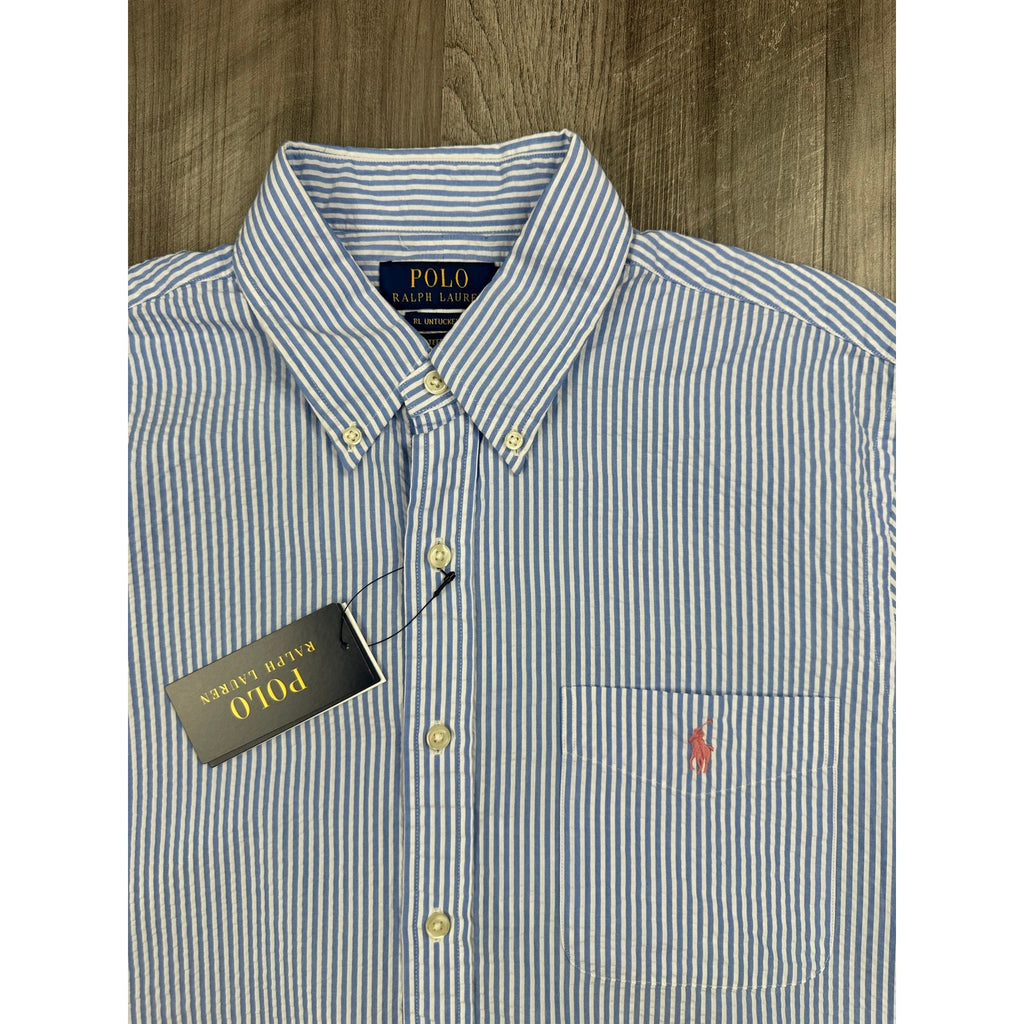 Polo Ralph Lauren Seersucker Untucked Fit Guaranteed to Wrinkle Short Sleeve Shirt in Blue, White — Size Medium