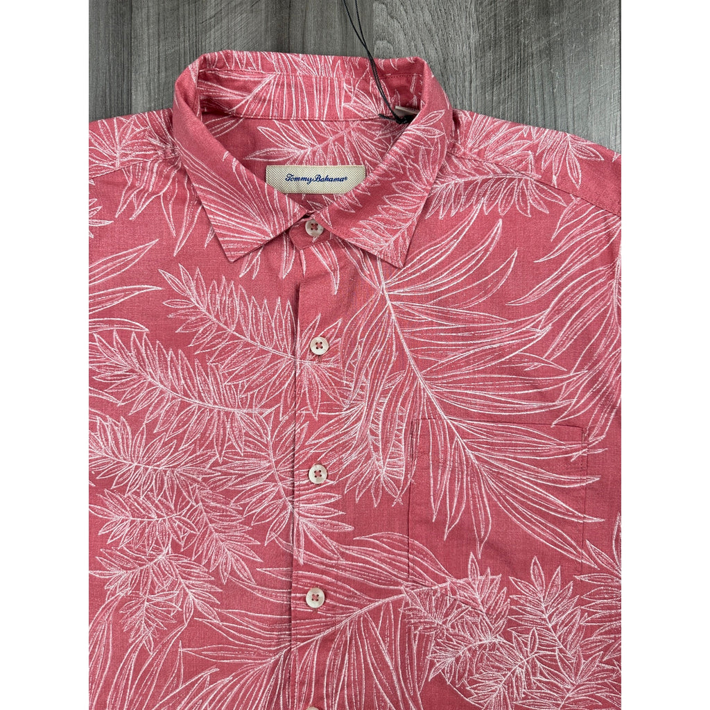 Tommy Bahama Shellrossa Palm Leaf Cotton Short Sleeve Camp Shirt in Hula Pink — Size Large