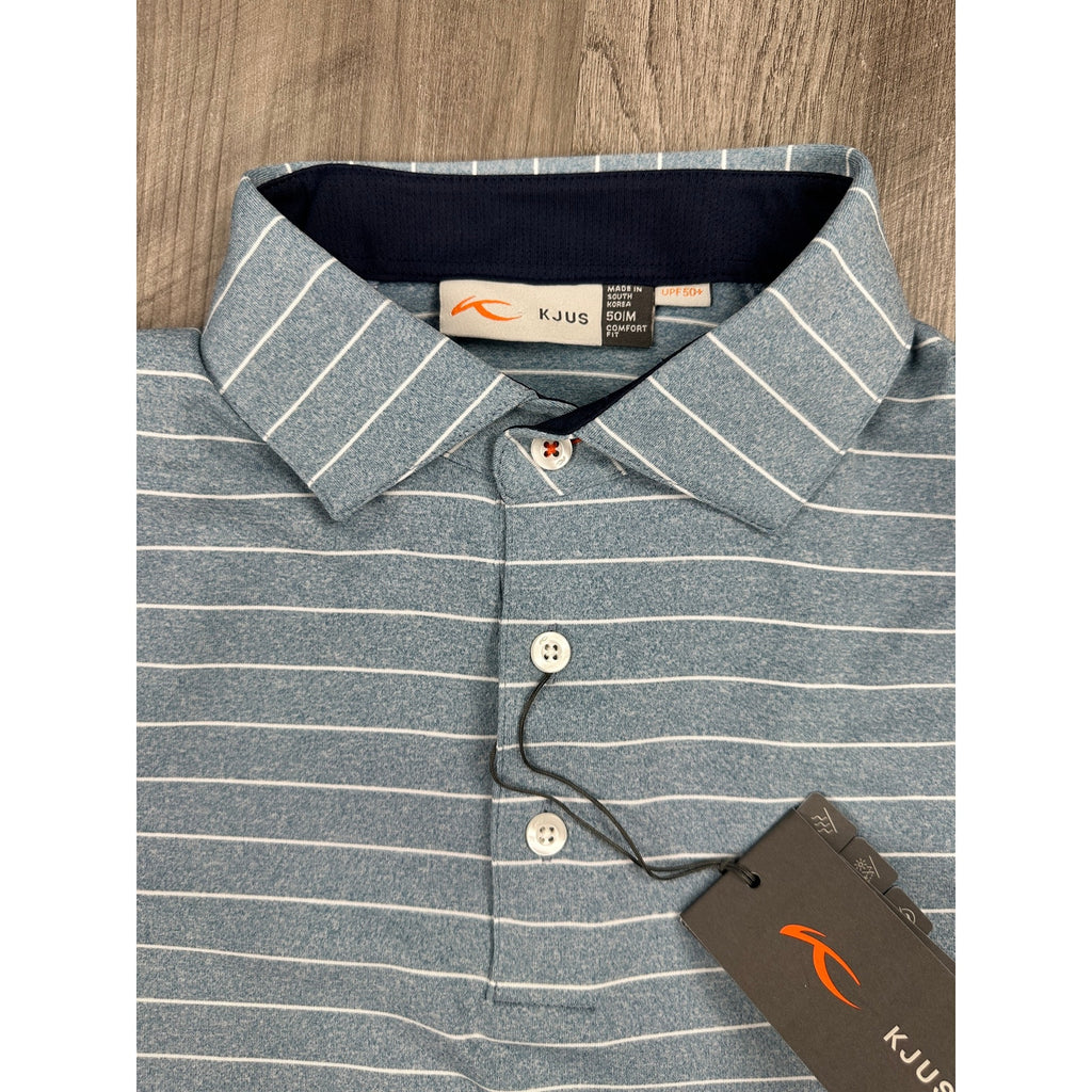 KJUS Soren Melange Stripe Long Sleeve Polo in Atlanta Blue, White — Size 50 (Medium)