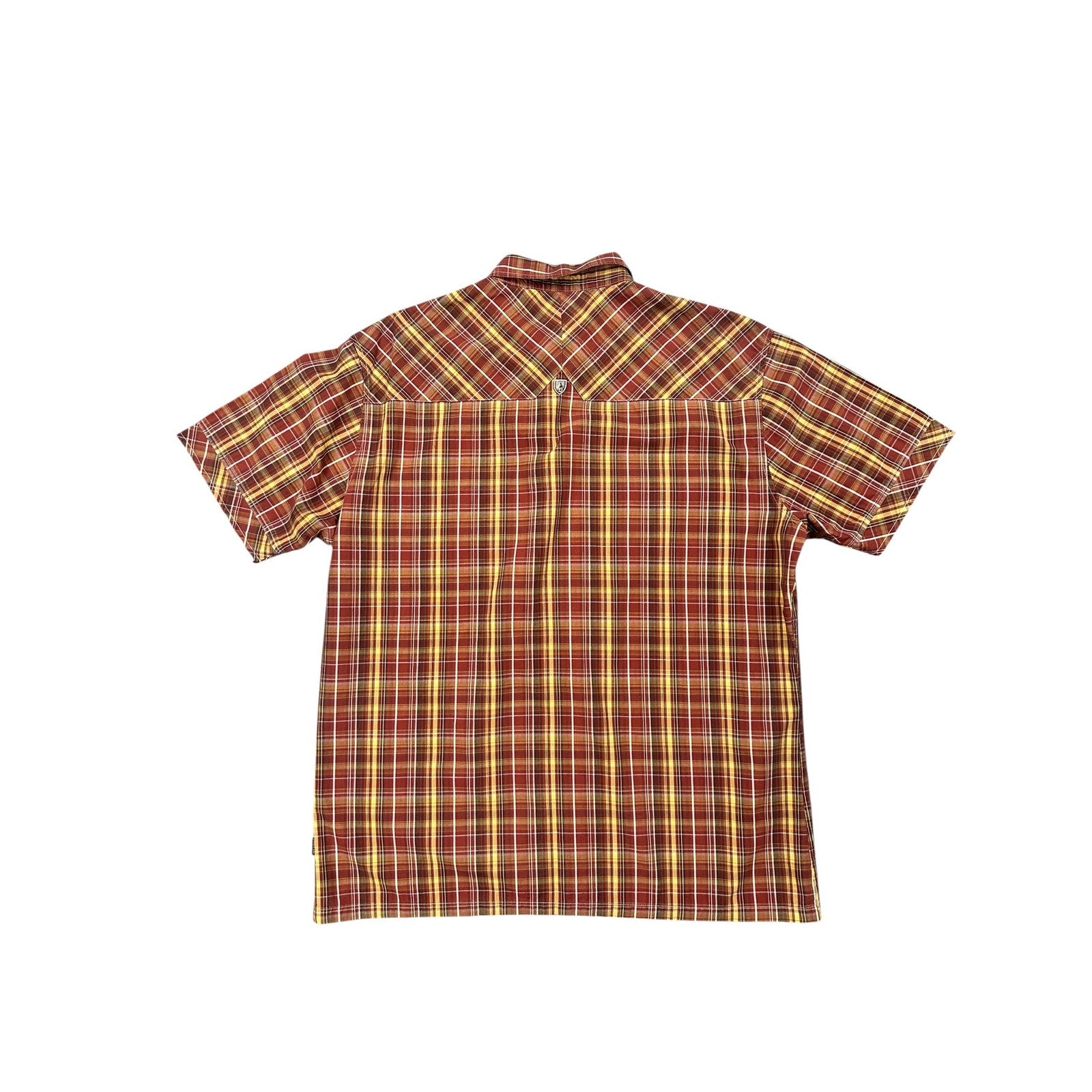 Kuhl Suncel Plaid Short Sleeve Button Down in Reddish Brown, Brown, Golden Yellow and White — Size XL // Preowned