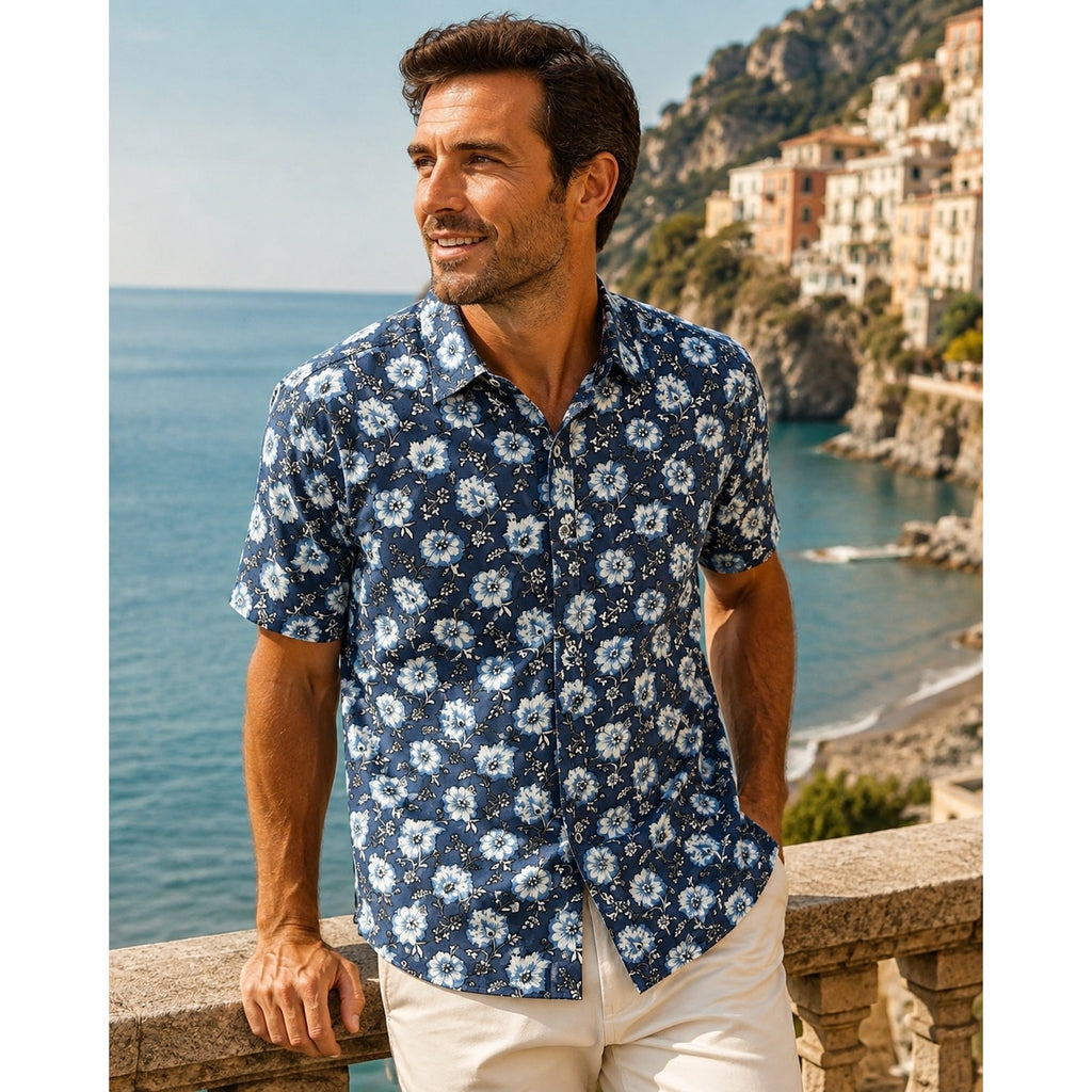 UNTUCKit Monreale Hawaiian Regular Fit Short Sleeve Shirt in Navy, Blue, White — Size 3XL // Preowned