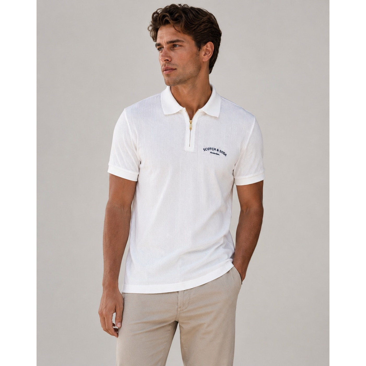 Scotch & Soda Popcorn Pique Zip Polo in Star White — Size Small
