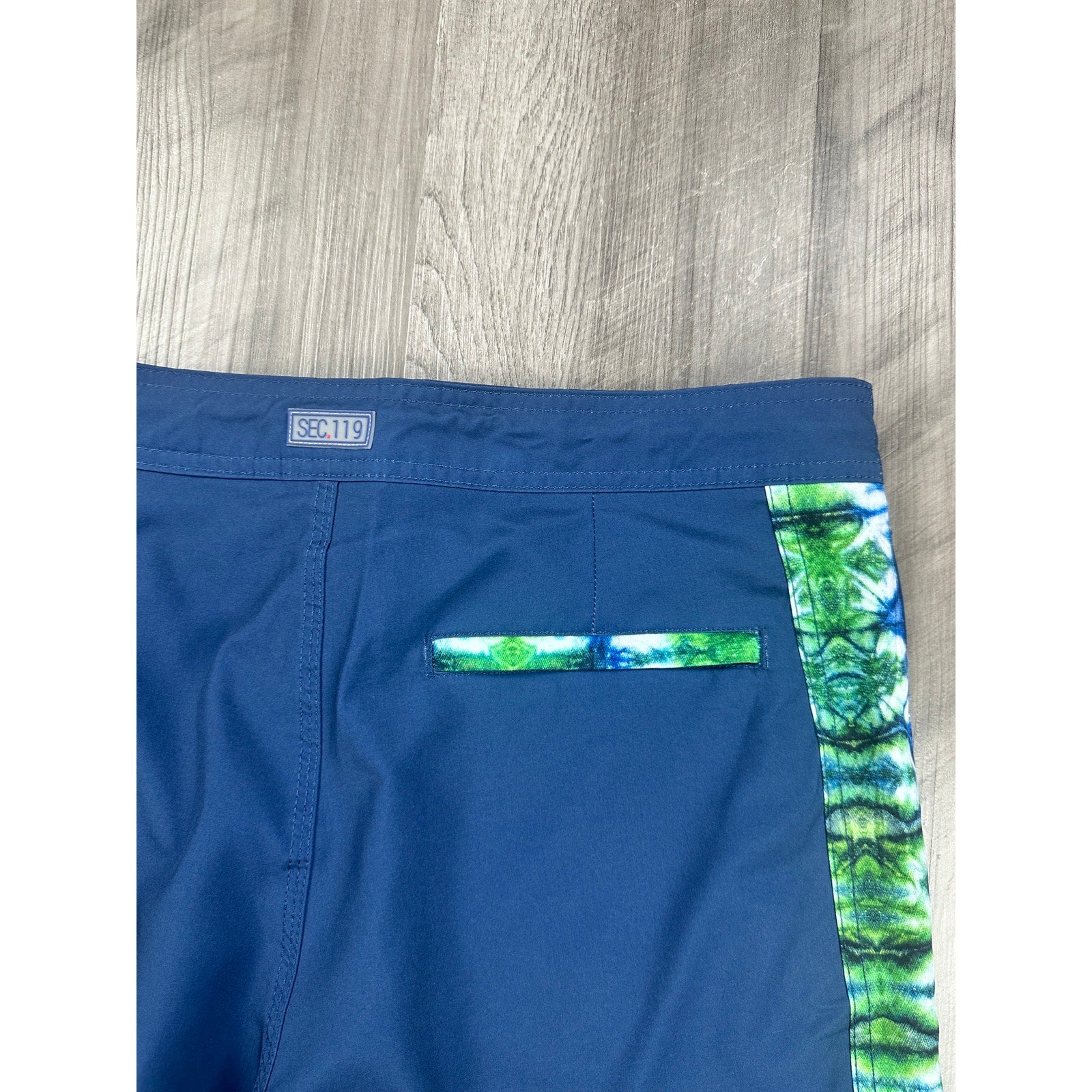 Section 119 x Grateful Dead Bolt Skeleton Hybrid Board Shorts in Navy with Green White Blue Stripes — Size 34