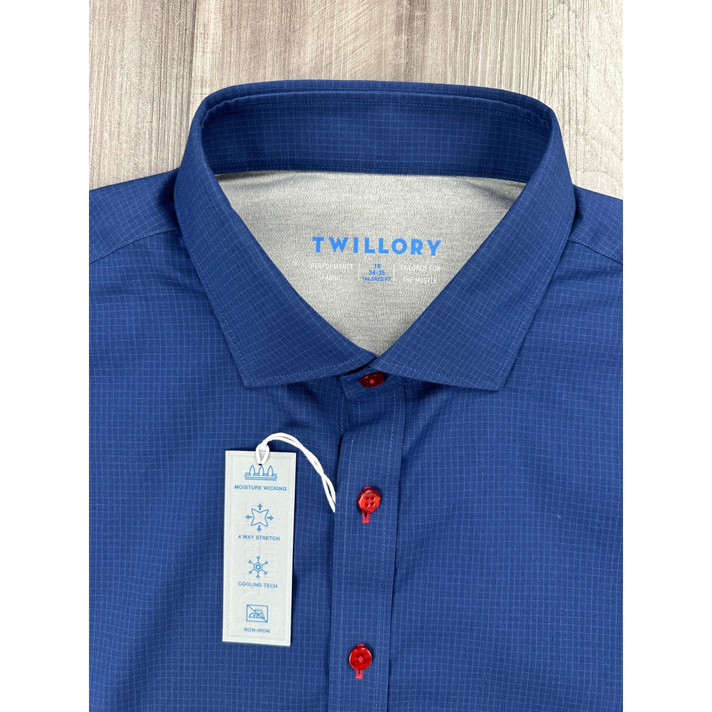 Twillory Signature Performance Tailored Fit Mini Windowpane Long Sleeve Button Down in Navy — Size 2XL // Preowned