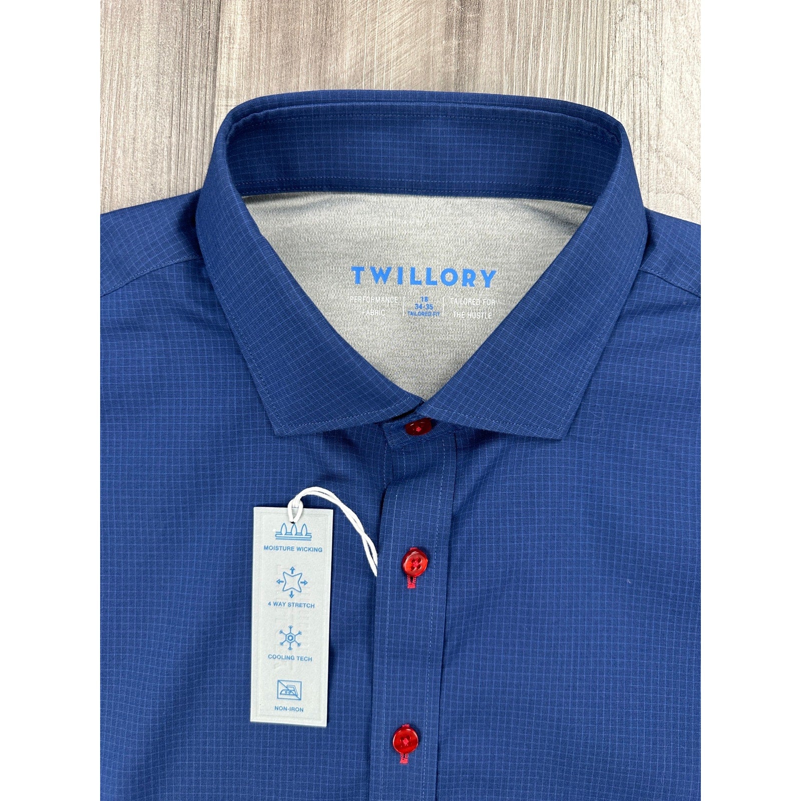 Twillory Signature Performance Tailored Fit Mini Windowpane Long Sleeve Button Down in Navy — Size 2XL // Preowned