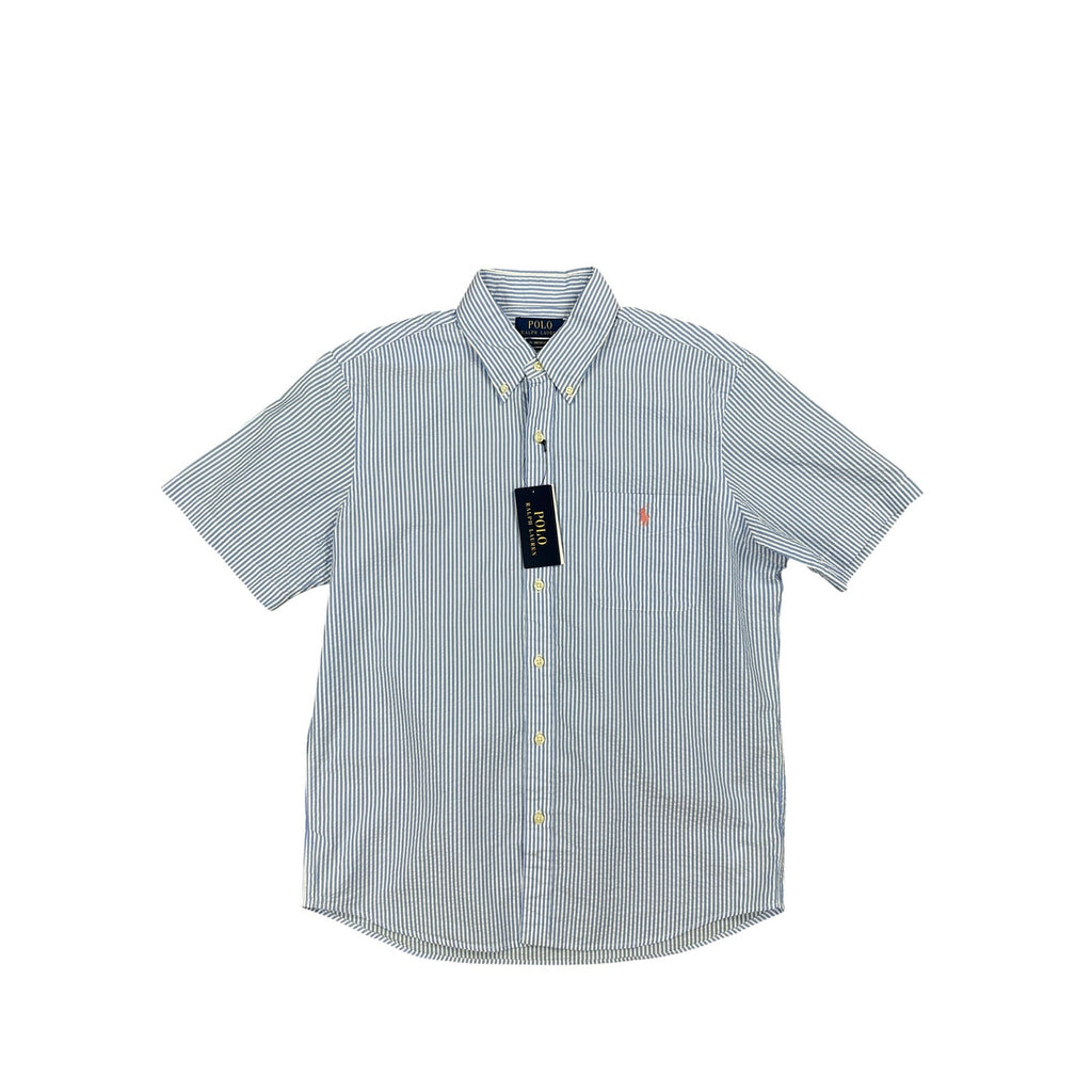 Polo Ralph Lauren Seersucker Untucked Fit Guaranteed to Wrinkle Short Sleeve Shirt in Blue, White — Size Medium