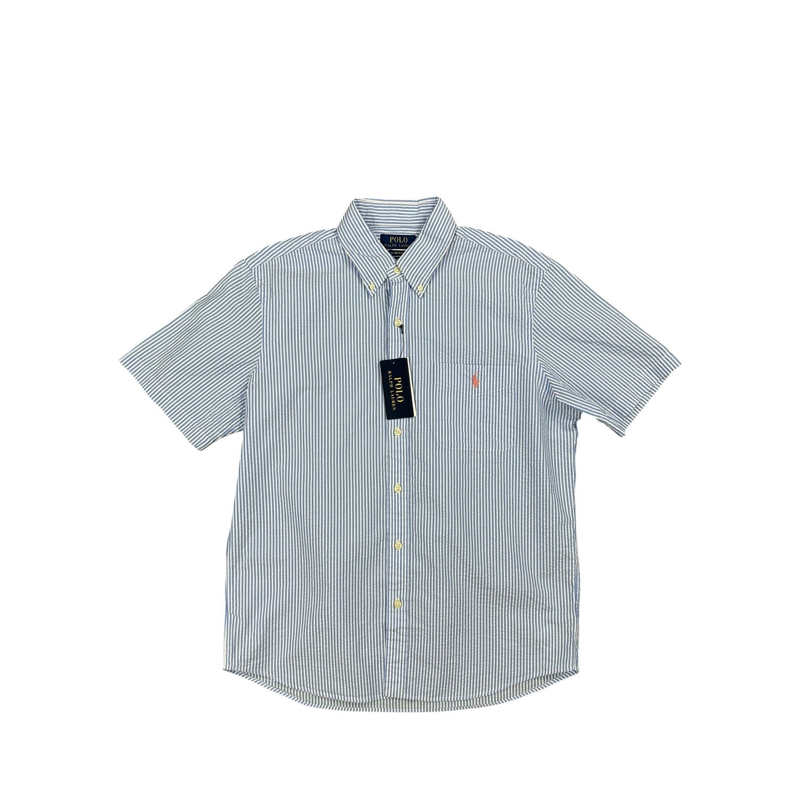 Polo Ralph Lauren Seersucker Untucked Fit Guaranteed to Wrinkle Short Sleeve Shirt in Blue, White — Size Medium
