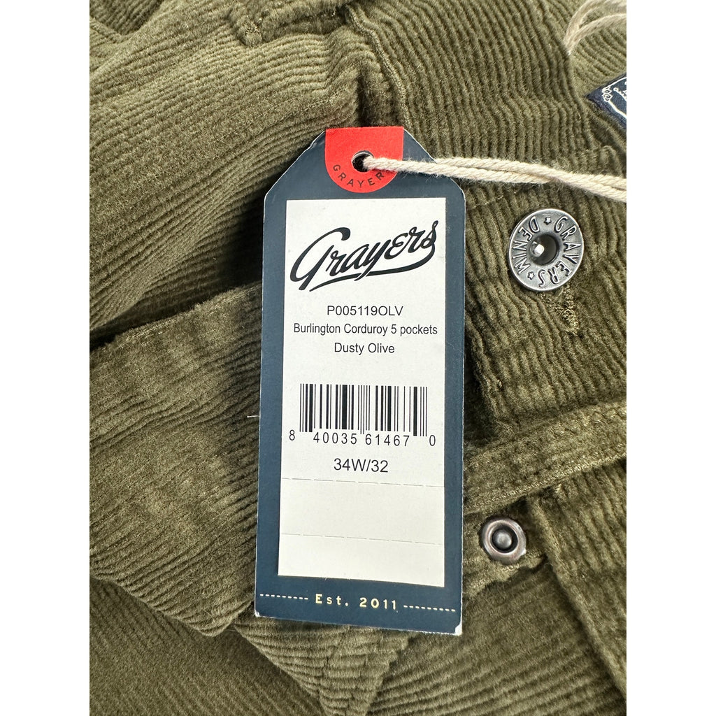 Grayers Burlington Stretch Corduroy Five Pocket Pants in Dusty Olive — Size 34x32