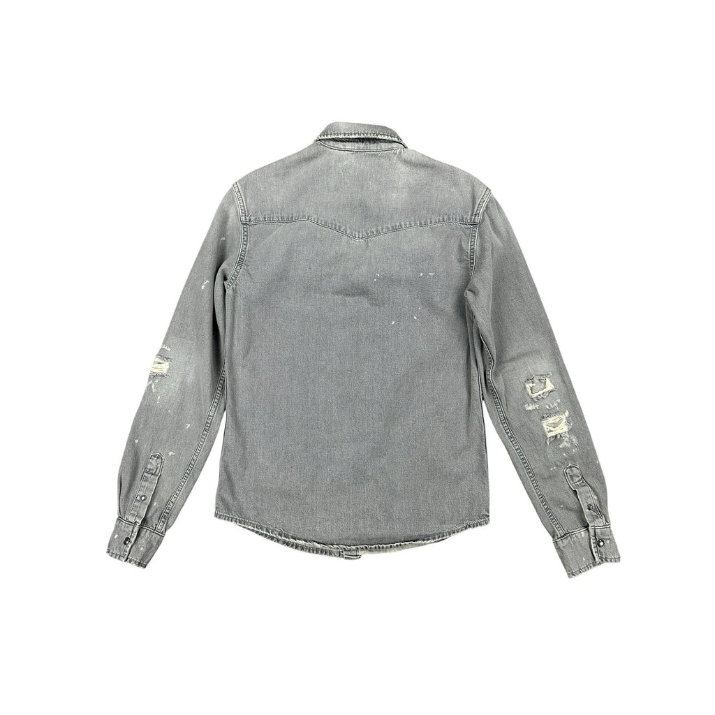 Allsaints Gino Distressed Denim Long Sleeve Pearl Snap in Gray — Size XS // Preowned