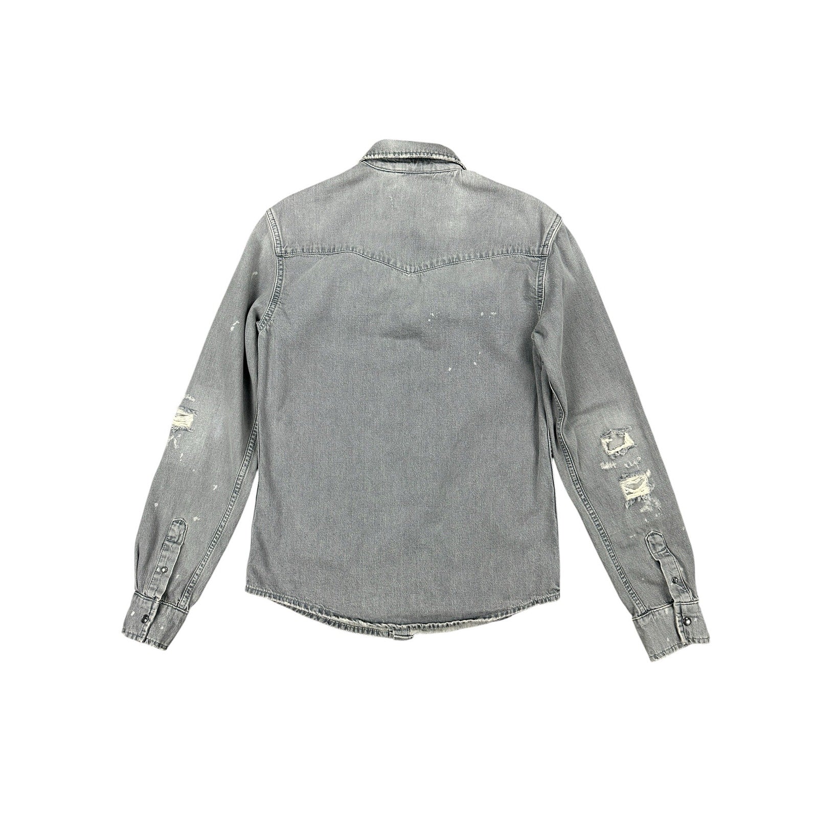 Allsaints Gino Distressed Denim Long Sleeve Pearl Snap in Gray — Size XS // Preowned