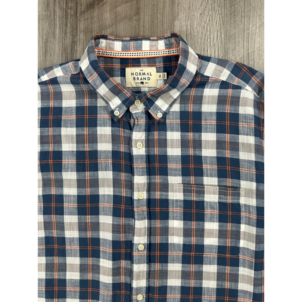 The Normal Brand Plaid Long Sleeve Button Down in Navy Orange Brown and White — Size XL // Preowned