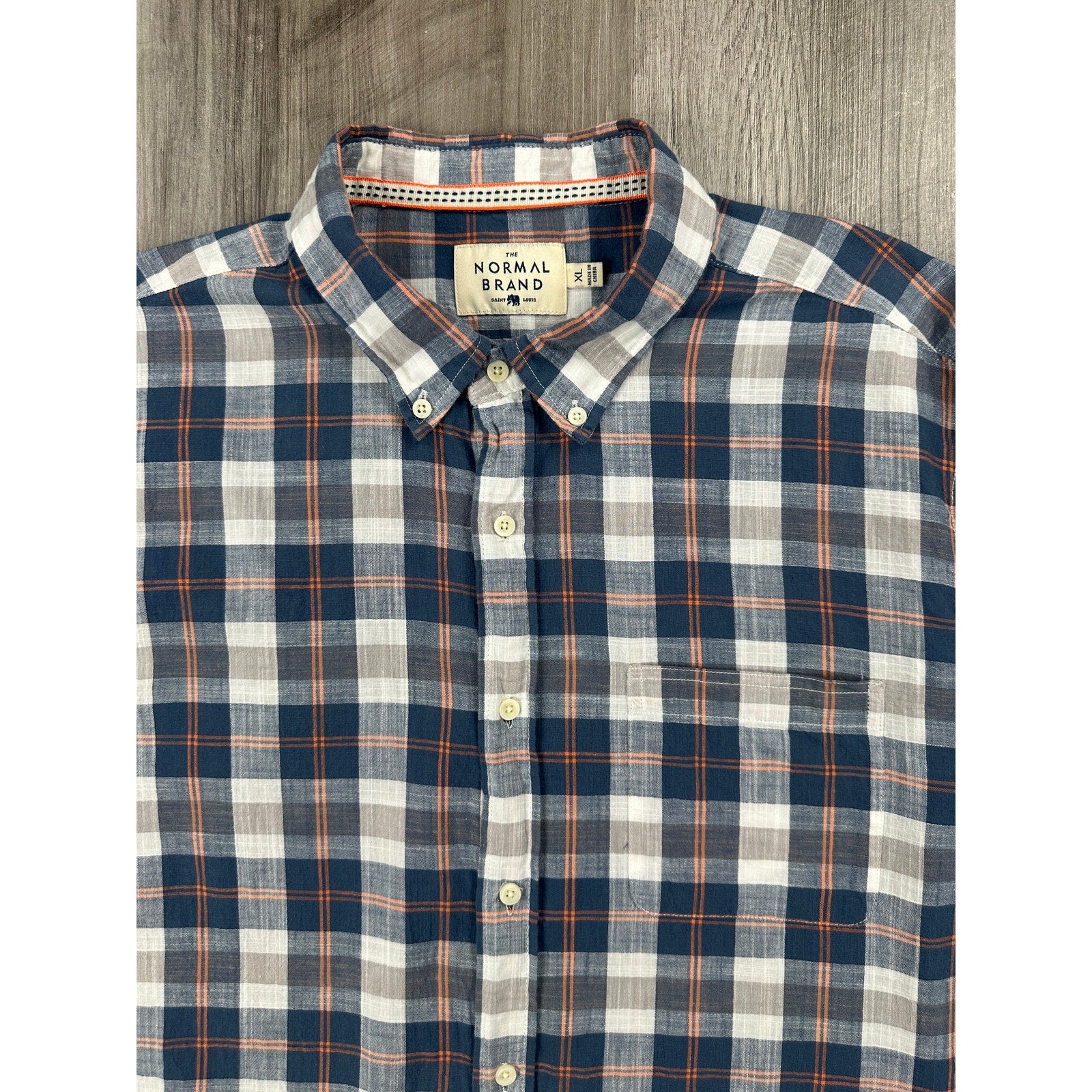 The Normal Brand Plaid Long Sleeve Button Down in Navy Orange Brown and White — Size XL // Preowned