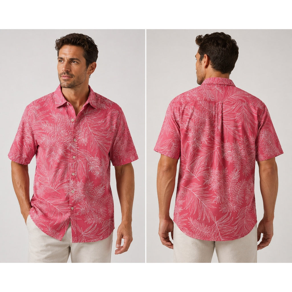Tommy Bahama Shellrossa Palm Leaf Cotton Short Sleeve Camp Shirt in Hula Pink — Size Large