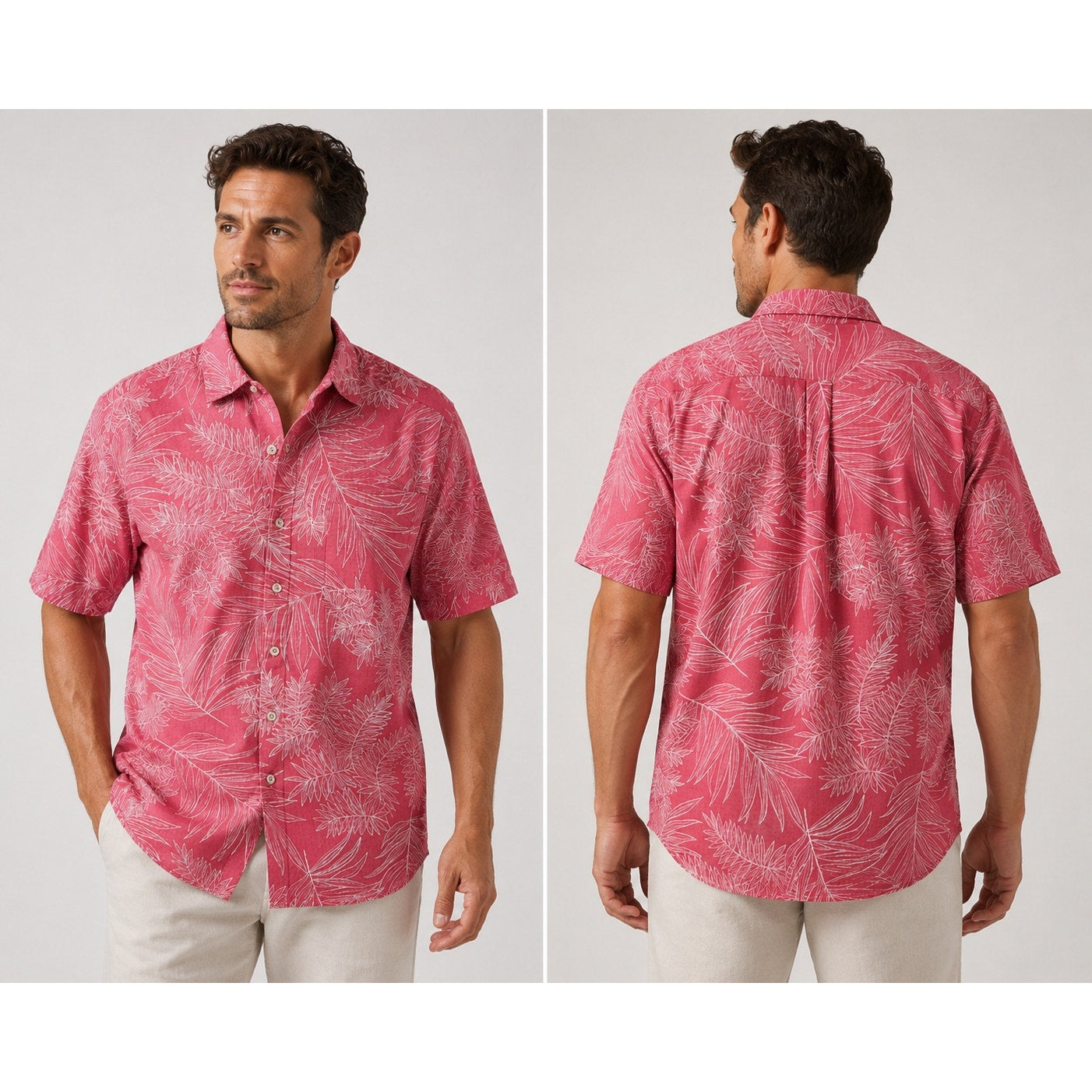 Tommy Bahama Shellrossa Palm Leaf Cotton Short Sleeve Camp Shirt in Hula Pink — Size Large