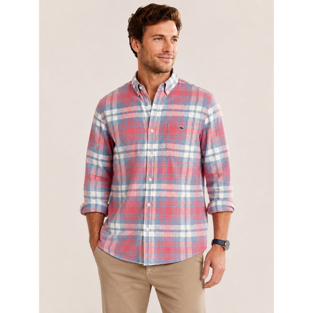 Vineyard Vines Slim Fit Tucker Shirt in Pink Blue Gray White Plaid Linen Blend — Size Large