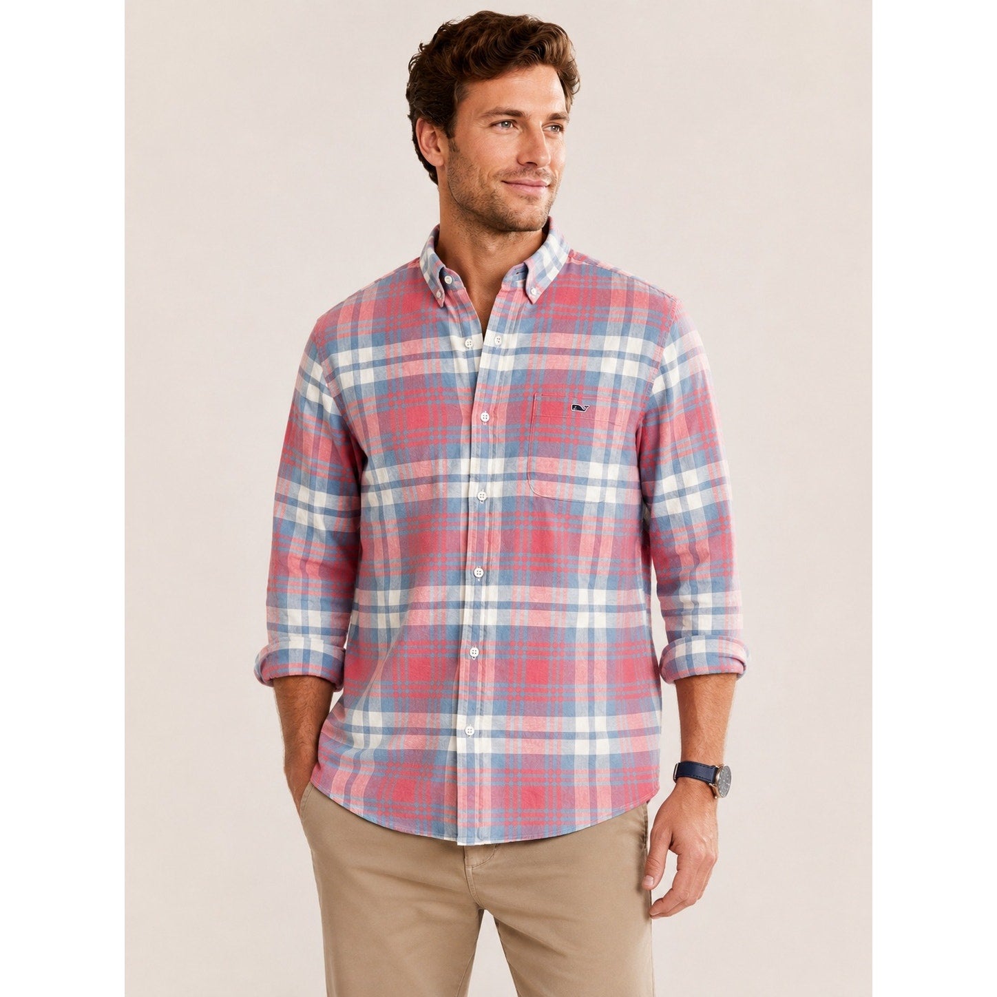 Vineyard Vines Slim Fit Tucker Shirt in Pink Blue Gray White Plaid Linen Blend — Size Large