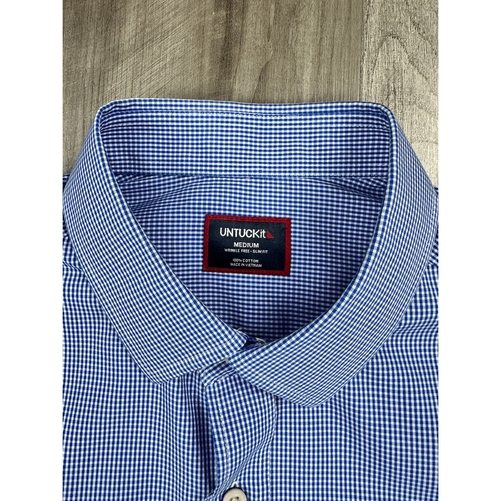 UNTUCKit Kelly Micro Check Slim Fit Wrinkle Free Long Sleeve Shirt in Dark Blue, White — Size Medium // Preowned