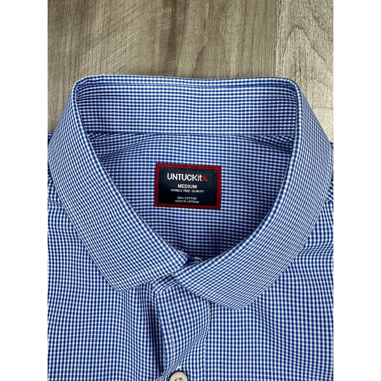 UNTUCKit Kelly Micro Check Slim Fit Wrinkle Free Long Sleeve Shirt in Dark Blue, White — Size Medium // Preowned