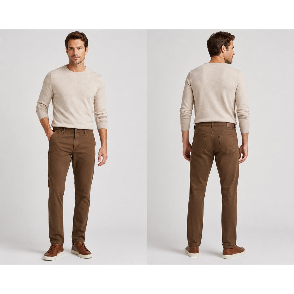 Peter Millar Signature Sateen 5 Pocket Chino Pants in French Press Brown — Size 42x34