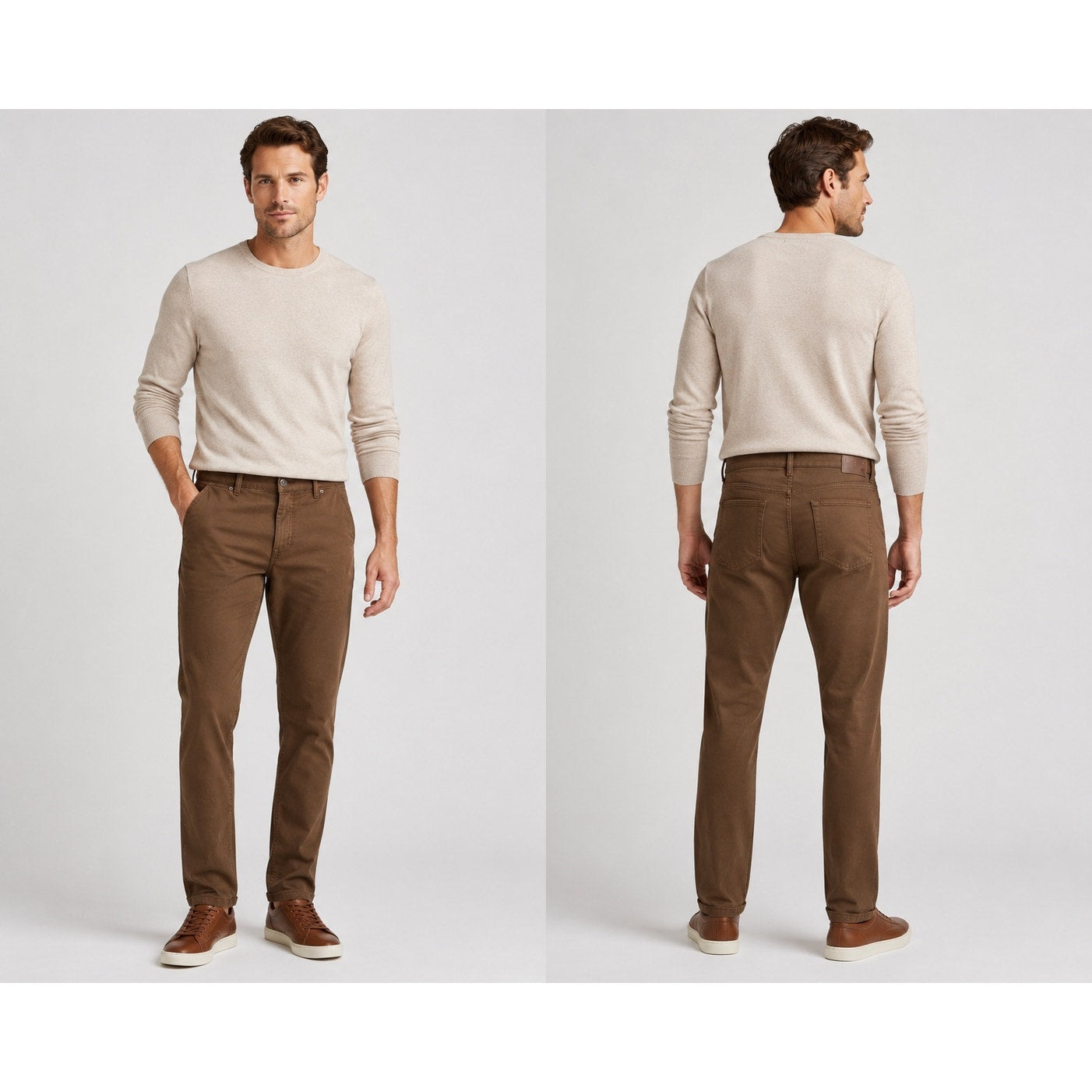 Peter Millar Signature Sateen 5 Pocket Chino Pants in French Press Brown — Size 42x34