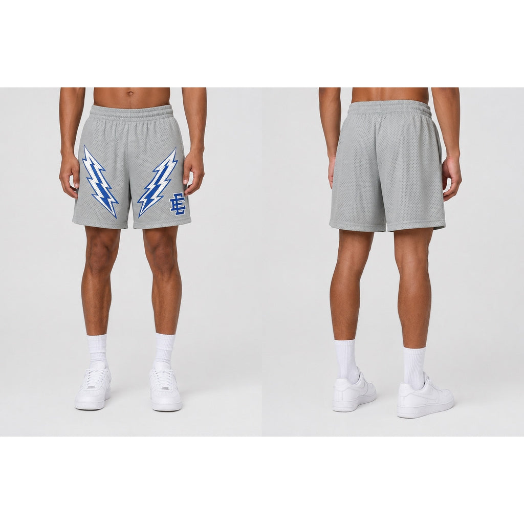 Eric Emanuel Bolt Mesh Gym Shorts in Gray, Blue and White — Size XL // Preowned