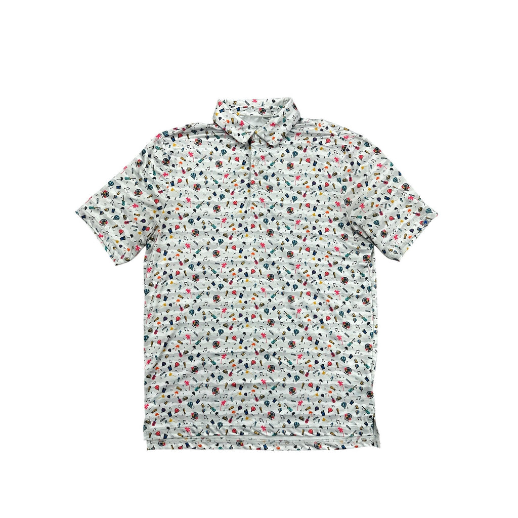 1764 Festival Print Golf Polo in Silver Gray Ivory Multi-Print — Size Medium // Preowned