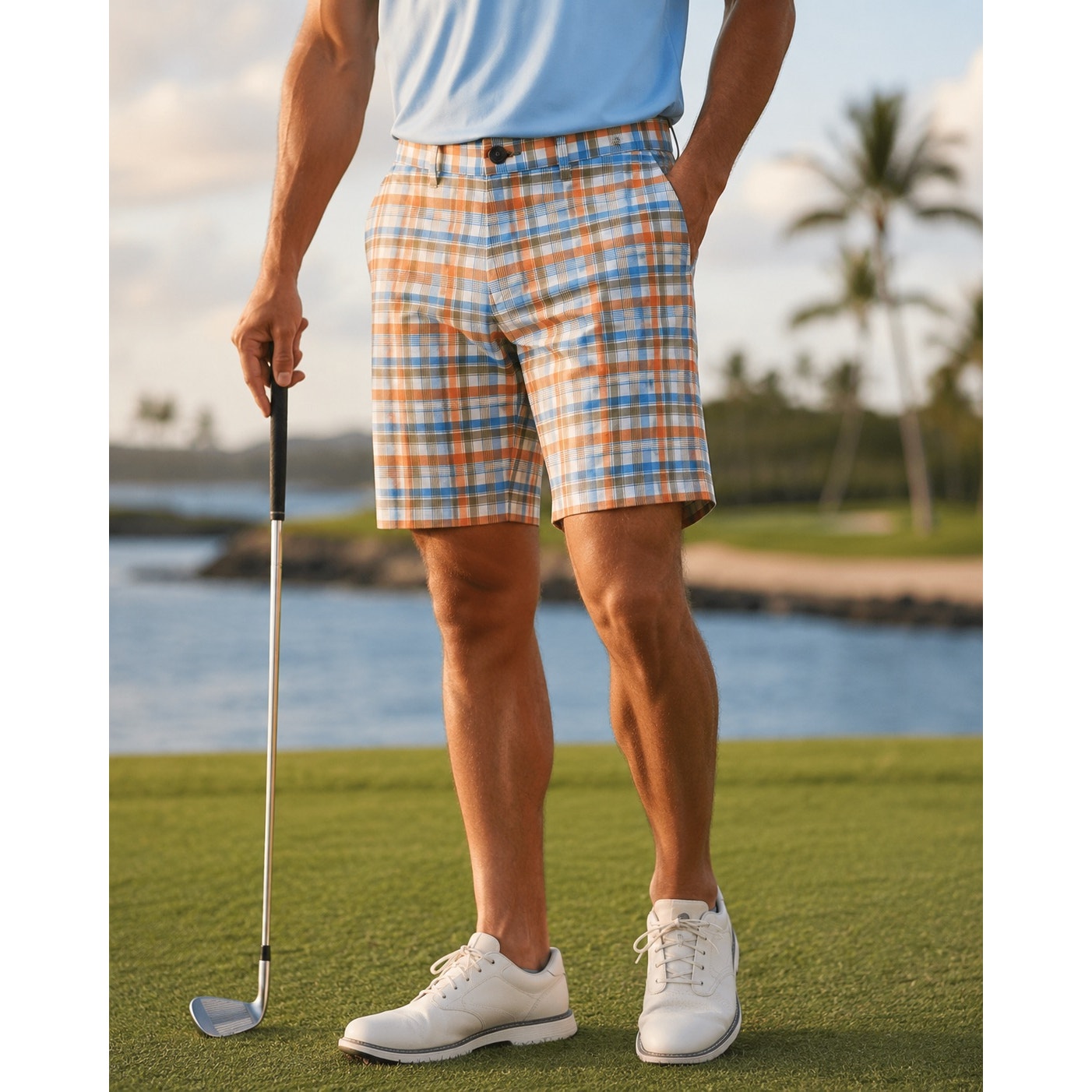 Tommy Bahama Chip Shot Caddie Plaid Golf Shorts in Continental — Size 29