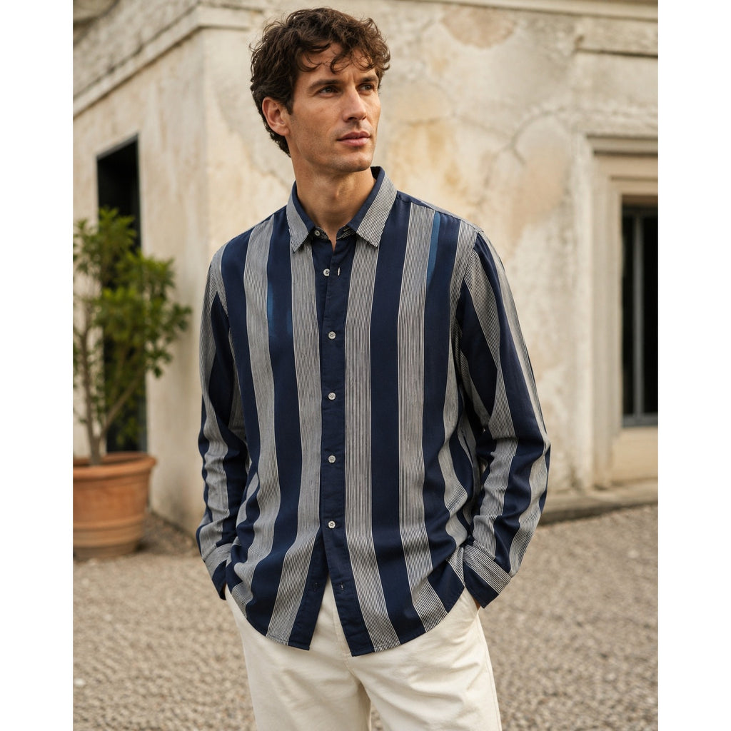NN07 No Nationality Ericco Stripe Pocket Shirt in Navy, Gray — Size Large // Preowned