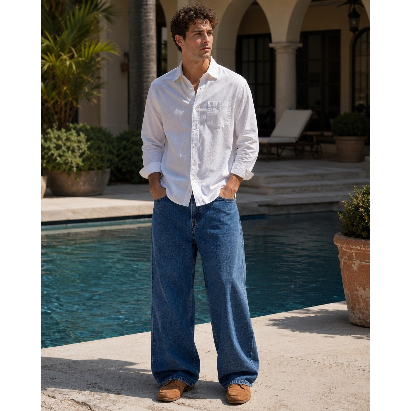 Pool House New York Wide Leg Straight Jeans in Blue — Size 38 // Preowned