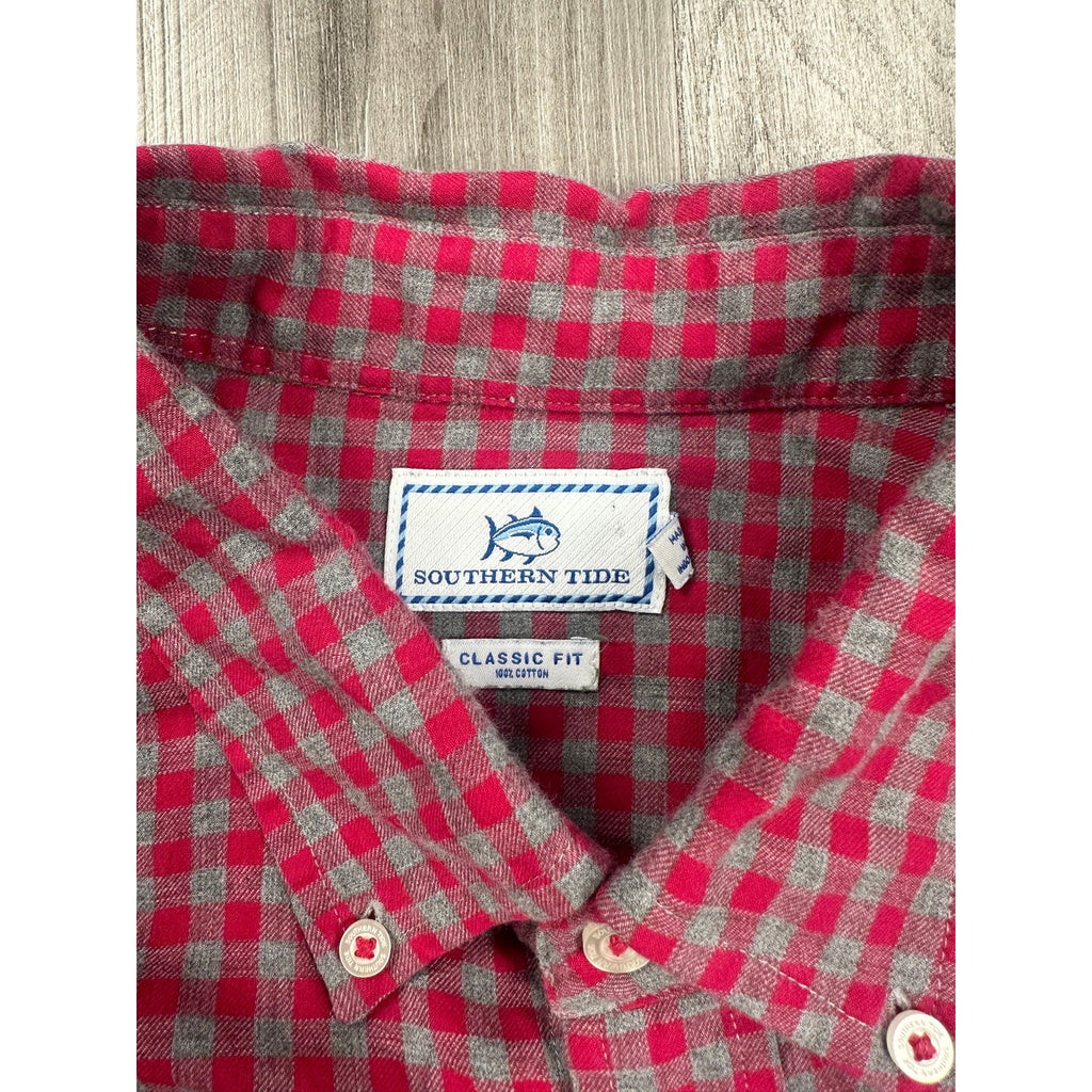 Southern Tide Classic Fit Gingham Check Button Down Shirt in Dark Pink Gray — Size XL