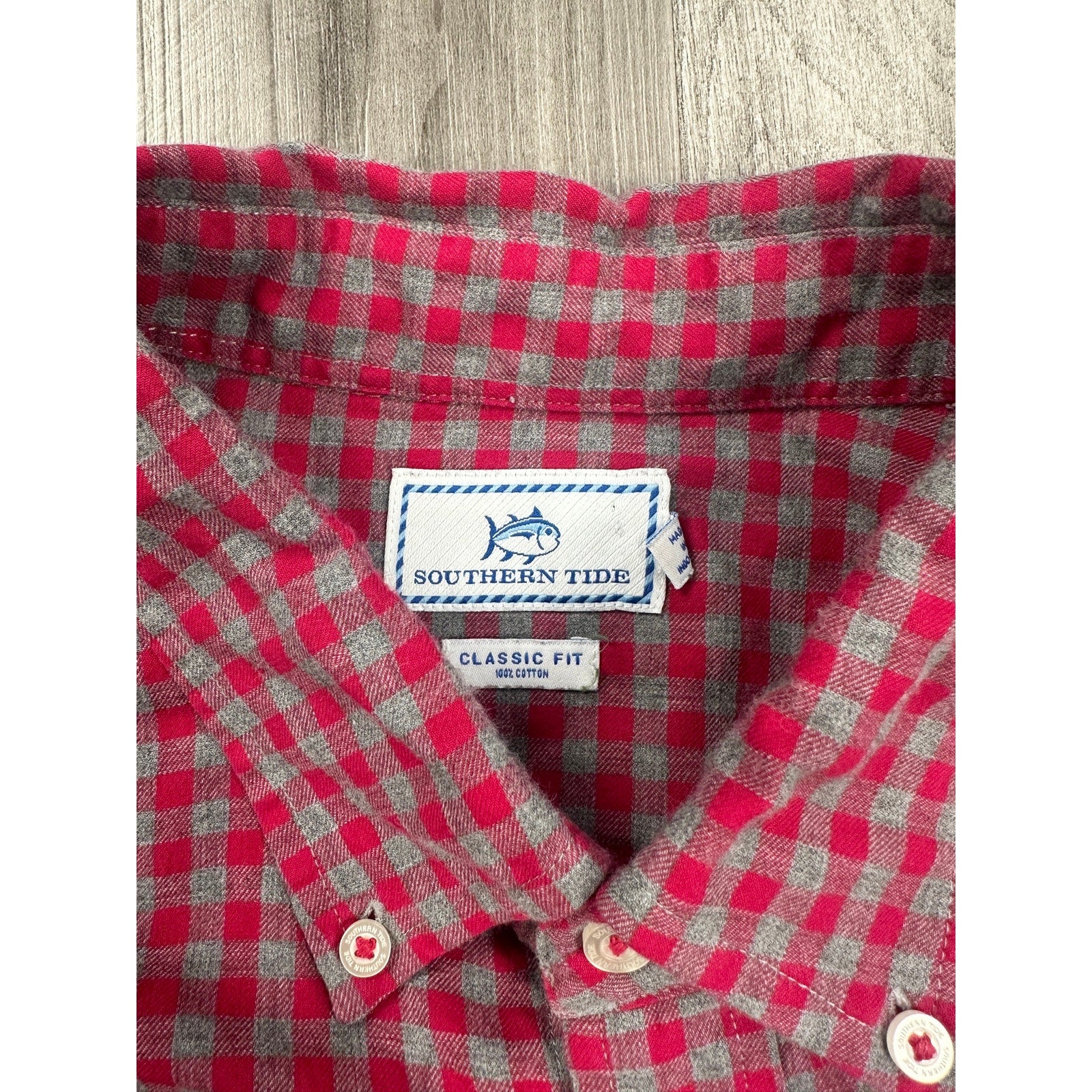 Southern Tide Classic Fit Gingham Check Button Down Shirt in Dark Pink Gray — Size XL