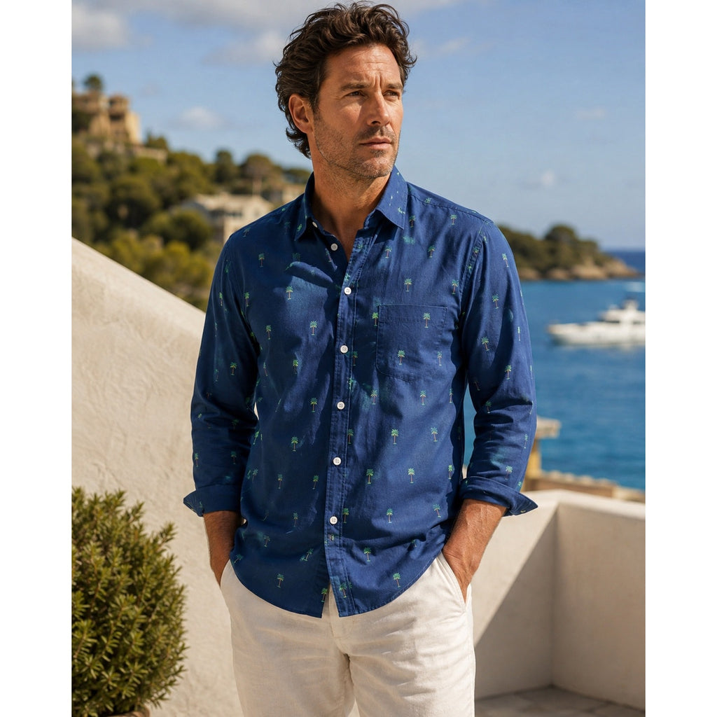 J. McLaughlin Gramercy Palm Trees Modern Fit Long Sleeve Shirt in Navy — Size Large