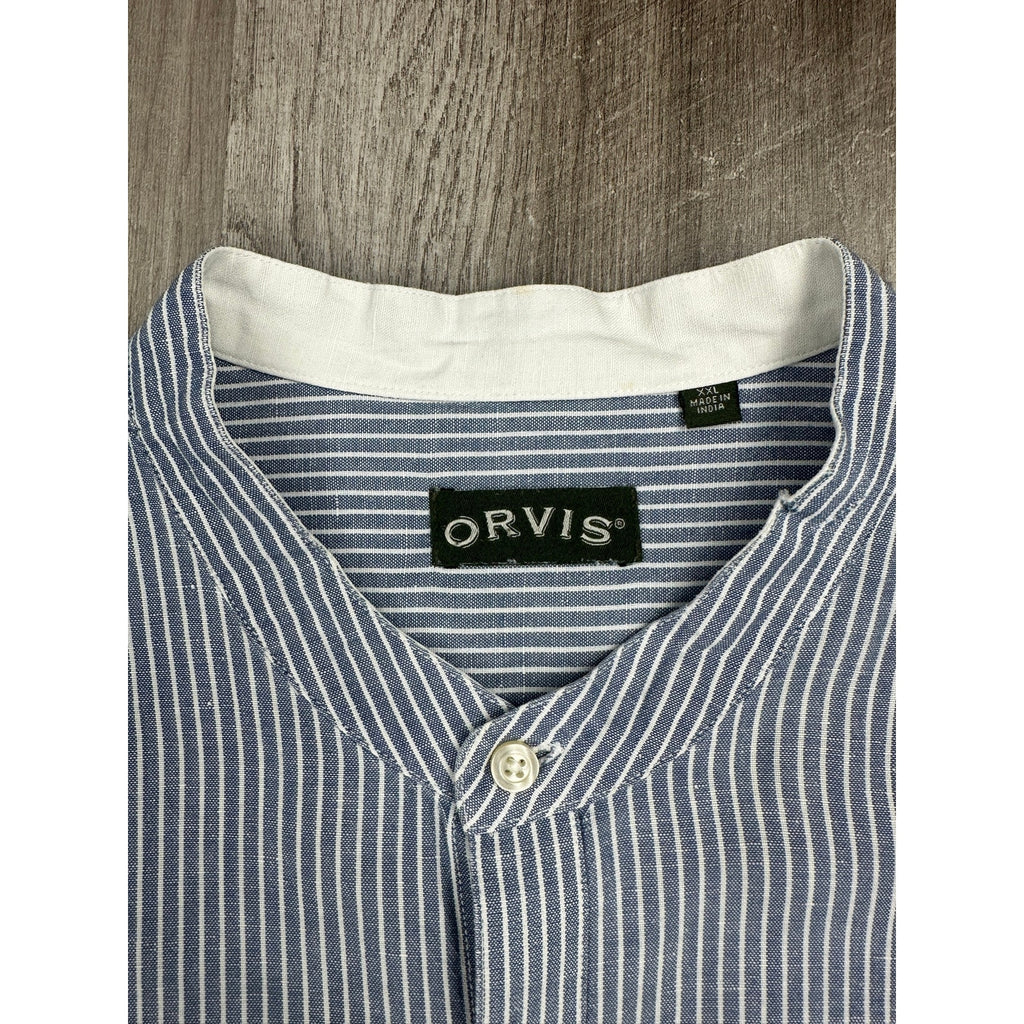 Orvis Band Collar Linen Blend Striped Long Sleeve Button Down Shirt — Size 2XL // Preowned