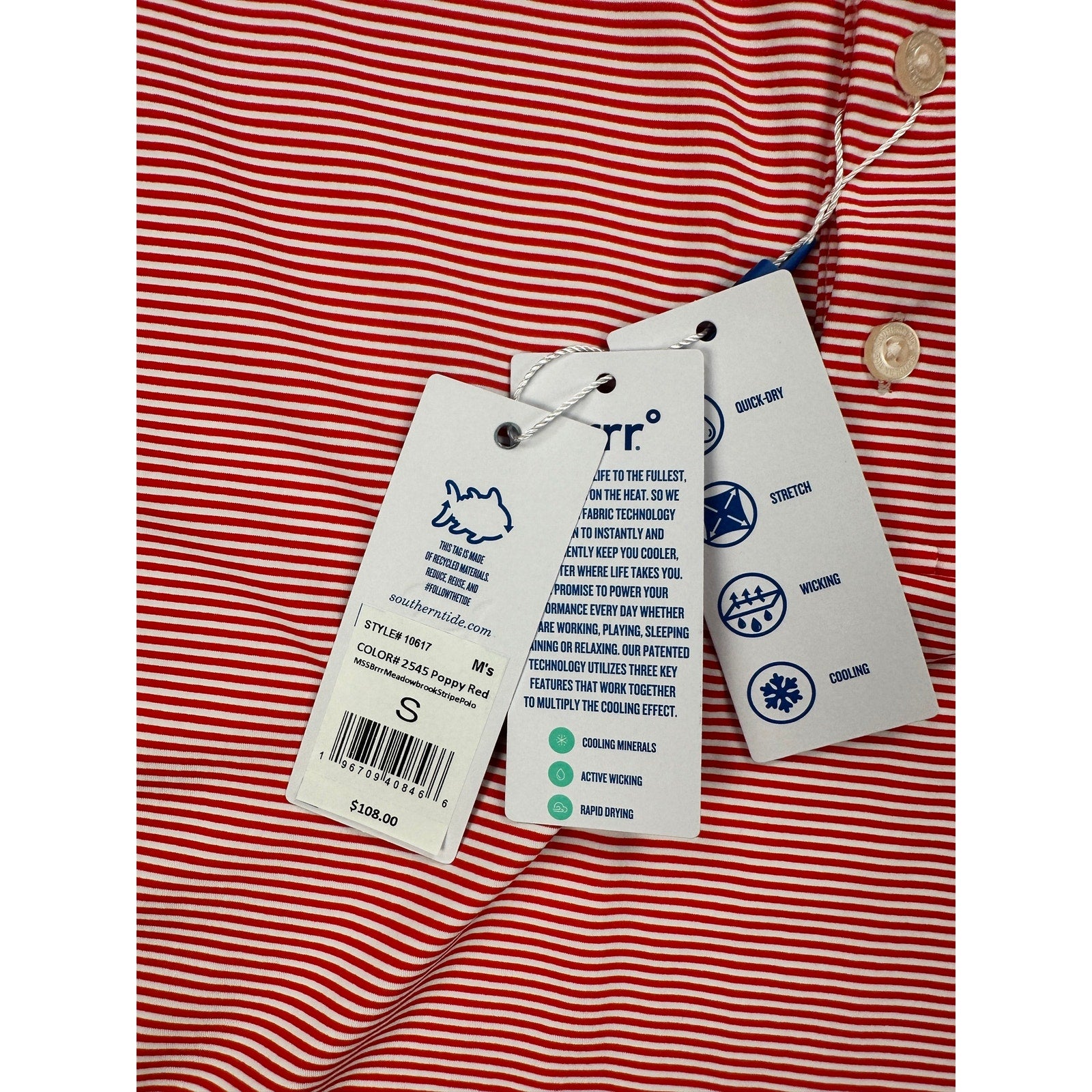 Southern Tide Brrr Meadowbrooke Striped Golf Polo in Poppy Red and White — Size Small